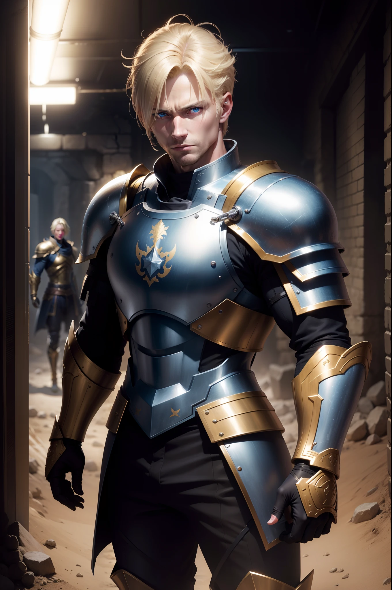 8k realistic image of blond man, 35 years old, blue eyes, short hair, strong, cold expression, dressed in silver RPG warrior clothes with golden shoulder pads, standing in a large underground dungeon, hand outstretched in front of him, anime-style artwork