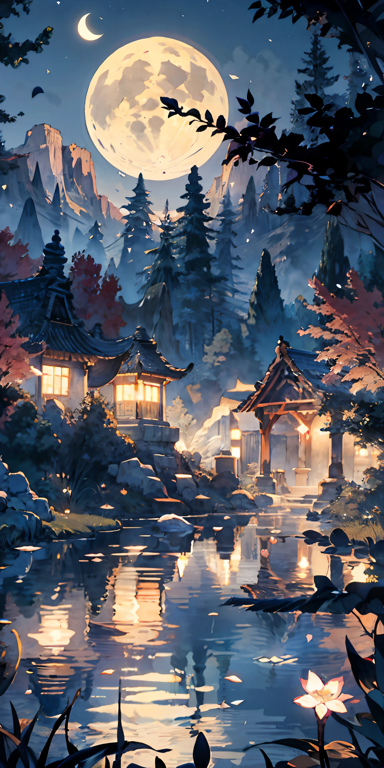 tmasterpiece, beste-Qualit, (Very detailed CG unity 8k wallpaper), (beste-Qualit), (the best illustration), (best shadows), glow sprite, (Without people:1.5), Lack of people,Night Landscape, Round Lake, It is surrounded by a forest wall of trees, (Lake, Shining with moonlight: 1.3), The sky, Full of stars, (The moon hovered over the lake:1.4), (Shining threads of moonlight descend into the lake: 1.5), (A beautiful flower rises from the center of the lake:1.4 ), (Crystal flower:1.5), (Crystal petals shimmer in the moonlight:1.5), Multi-colored sparks swirl around the flower, Fantasy, Intricate, elegant, Highly detailed, Digital Painting, Artstation, Concept art, Matte, Clear Focus, illustartion. Very High Definition, Masterpiece, Amazing, Trendy ArtStation, 8K, UHd, high detail, Very high detail, Masterpiece, (particle fx) etc. D...............3d , Octane ренDеринг, ray traced, superdetail