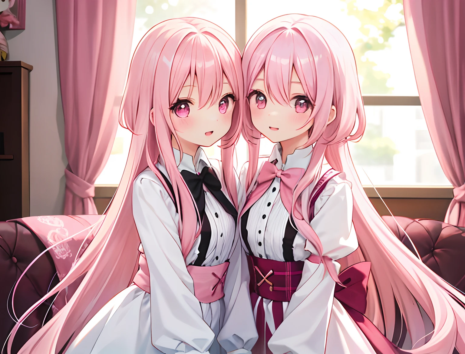 2girls，Girl1：，adolable，A pink-haired，long whitr hair，girl 2：A pink-haired，long whitr hair，Touch each other's chests