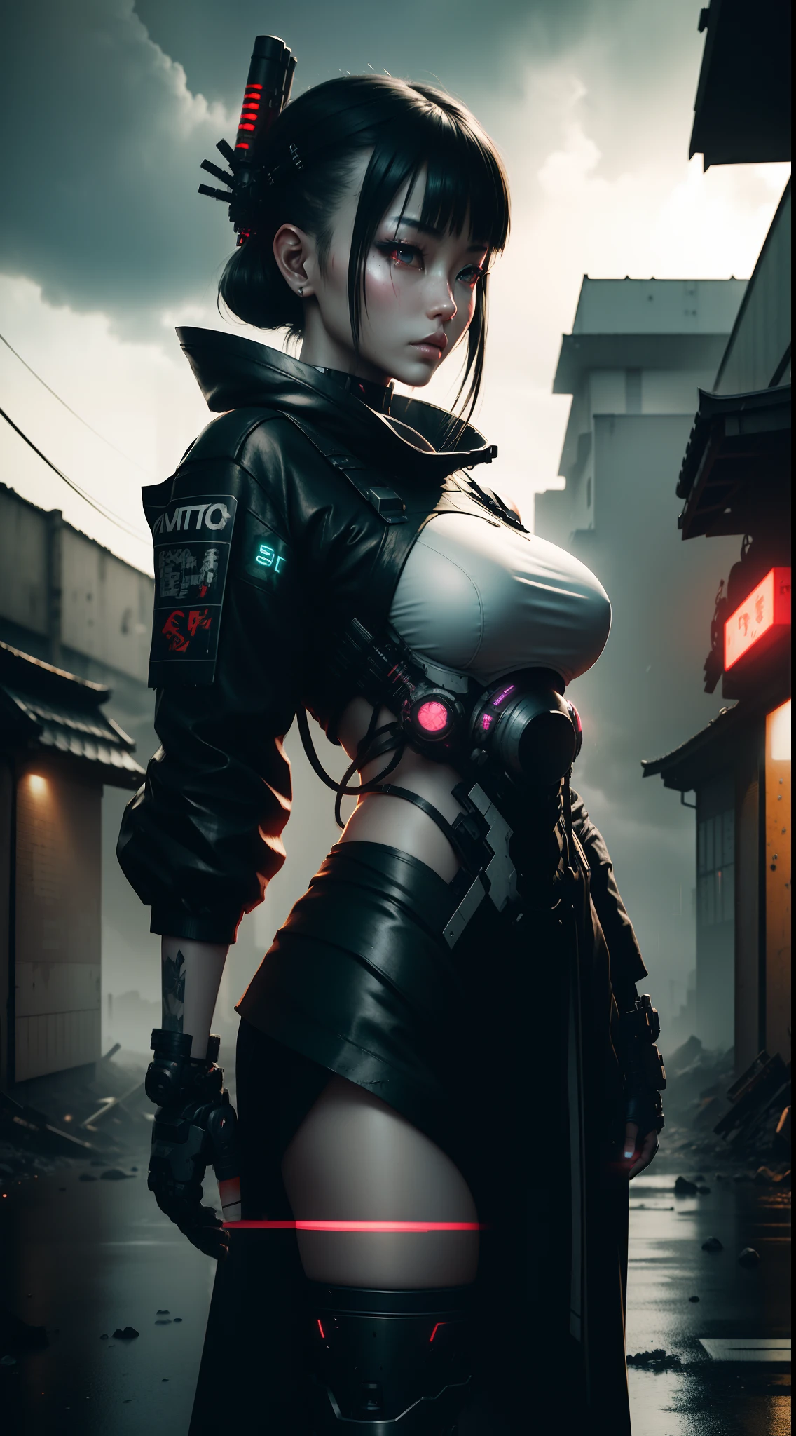 cybernetic japanese woman samurai in a ruined city with her mecha, night, neon, rain, mechanic parts, cyborg, grey, metal parts, mechanic arm, insane detail, 3d, nvidia raytracing, octane render, cinematic light, 8k