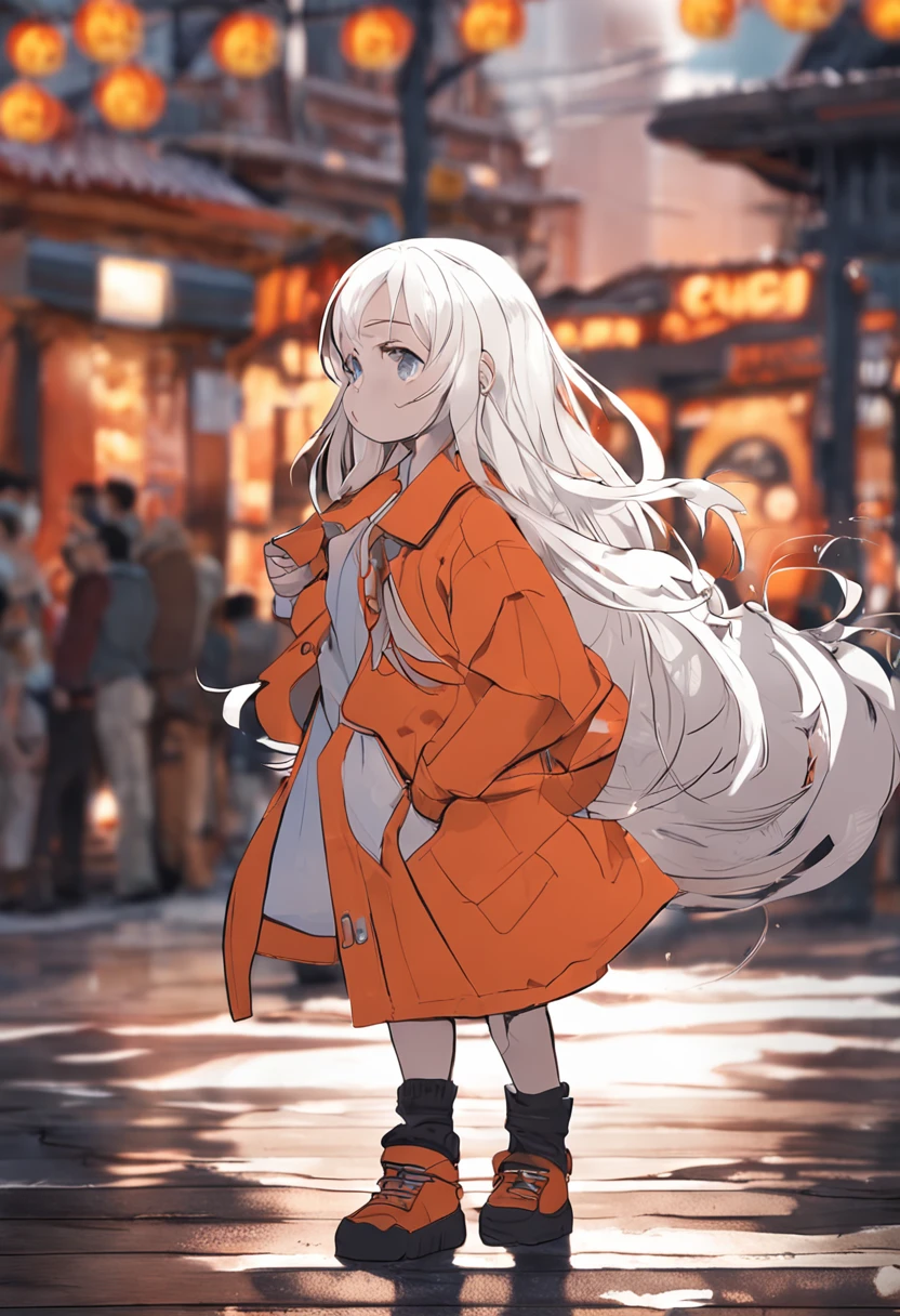 Little girl with long white hair wearing an orange jacket with white pants blue eyes manga style walking