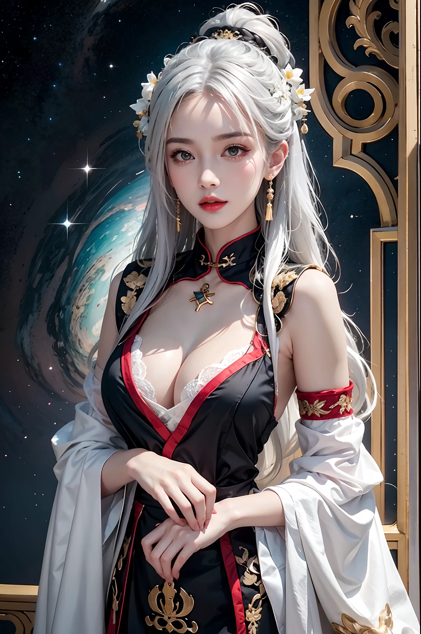 Portrait of a young 20-year-old saint, a saint with a beautiful and super cute face, white hair,wearing a very thin and sexy ao dai, beautiful cute face, Ao dai with a deep slit in the chest and attractive black and white lace trim, beautiful face without blemishes, Lovely smile, ((7-color hair length:1.2)), big crown, hair brooch, hanfu dress, chinese ancient style, full body jewelry, forehead tattoo, The female saint's breasts are round and very full, breast augmentation, innocent face, The most beautiful and detailed light red lipstick, ((Thin plump lips:0.3)), delicate pink and white eyes (white and detailed) cinematic, light and dark, dramatic lighting, magical light, extremely detailed light, true color, super sharp, realistic, 8k quality, saints and magical space, the most detailed images, Solo, a saintess, ((looking directly at the saint's upper body:0.4)), ((smooth skin:0.5)), ((universe background:1.2)), (outdoor:0.8),