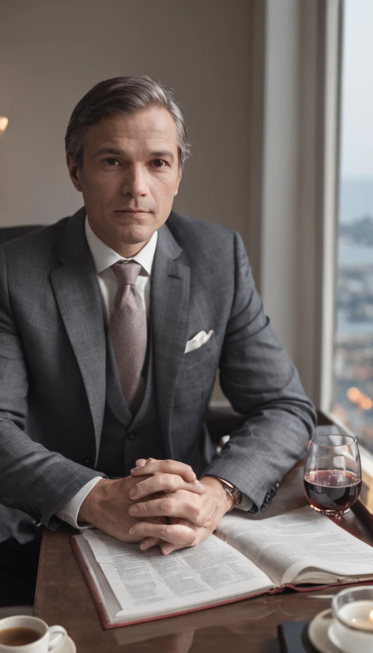 A lawyer, 38 anos, is sitting on his porch, which is part of your home office, admiring the view from the 12th floor. The sun is about to rise and the sound of the sea waves and the birds singing create a serene and tranquil atmosphere. He is (38 anos) dressed in a well-cut suit and holds a glass of wine in one hand. Na mesa baixa em frente a ele, There is a chessboard with some black and white pieces. He is immersed in a game of chess with himself, seeking to enhance their strategic skills and their critical thinking power to make more accurate decisions.A lawyer sitting in his comfortable chair, na varanda de seu Home Office, com ar pensativo, next to the glass window on the 12th floor, from where you can only hear the noise of the waves breaking in the sea and give birds singing, after all it's 5 a.m.. He's wearing a well-cut suit and holds a glass of wine in one hand, while the other rests on the low and simple table where there is a tray with some black and white pieces. The lawyer is involved in a game of chess with himself, where it seeks to acquire strategic skill and critical thinking power, to make your decisions.