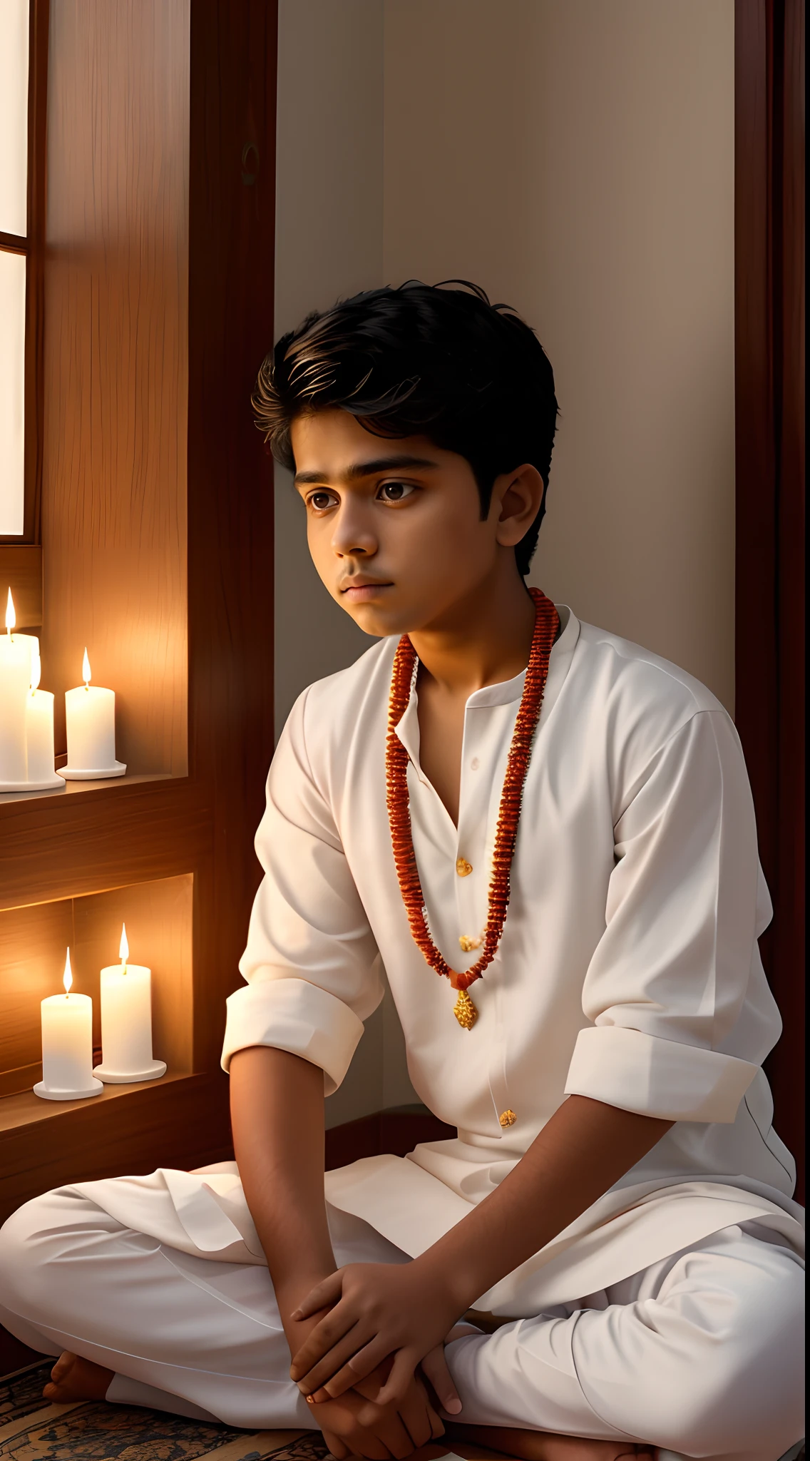 arafed boy sitting on the floor with candles in front of him, jayison devadas, mid shot portrait, ayan nag, detailed portrait shot, portrait shot, vinayak, a stunning young ethereal figure, hindu aesthetic, serene expression, divayth fyr, * * * * *, shot on sony a 7 iii, peredvishniki, ganesh, a handsome