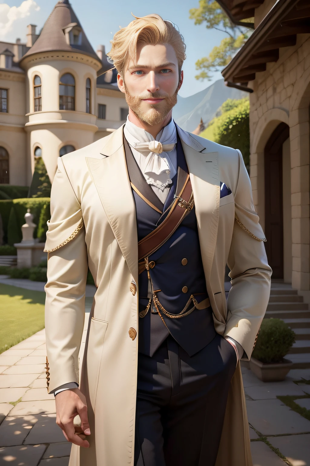 Blonde short-haired middle-aged graceful lord with graceful body、Bold smile　Nice middle in an aristocratic costume with a very mild-mannered face　Blonde beard smile under the nose　Blue eyes　In front of a large mansion　Wide lawn　Forests and mountains in the distance々　realisitic　accurate detail　unrealengine