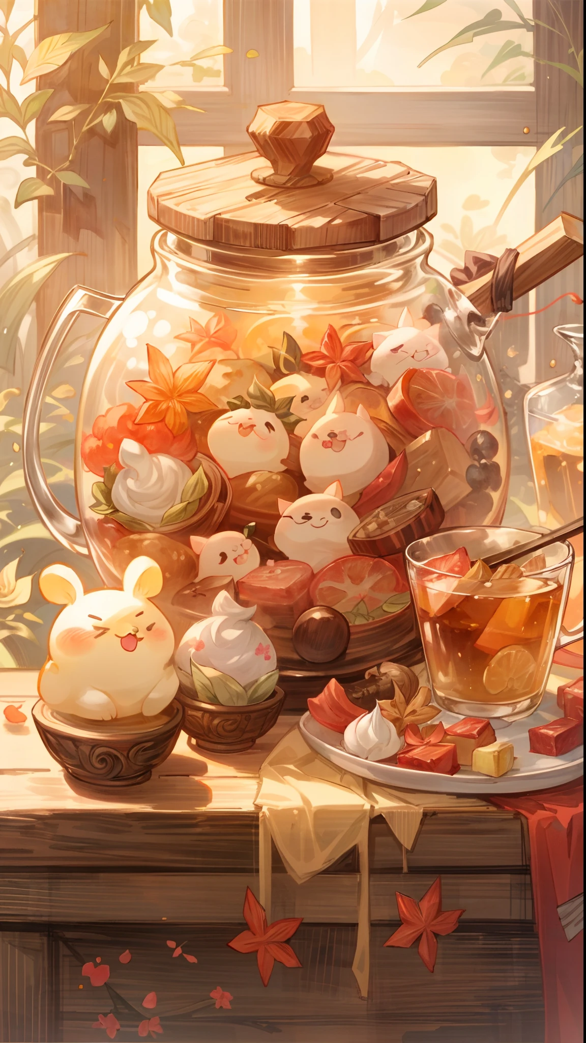 there is a painting of a tea pot with cute moochi and honey tea, cute detailed digital art, sweets, cute detailed artwork, by Tooth Wu, by Yanjun Cheng, detailed fanart, by Yang J, by Ryan Yee, cute artwork, anime food, cute art style, guweiz, artwork in the style of guweiz, digital art on pixiv