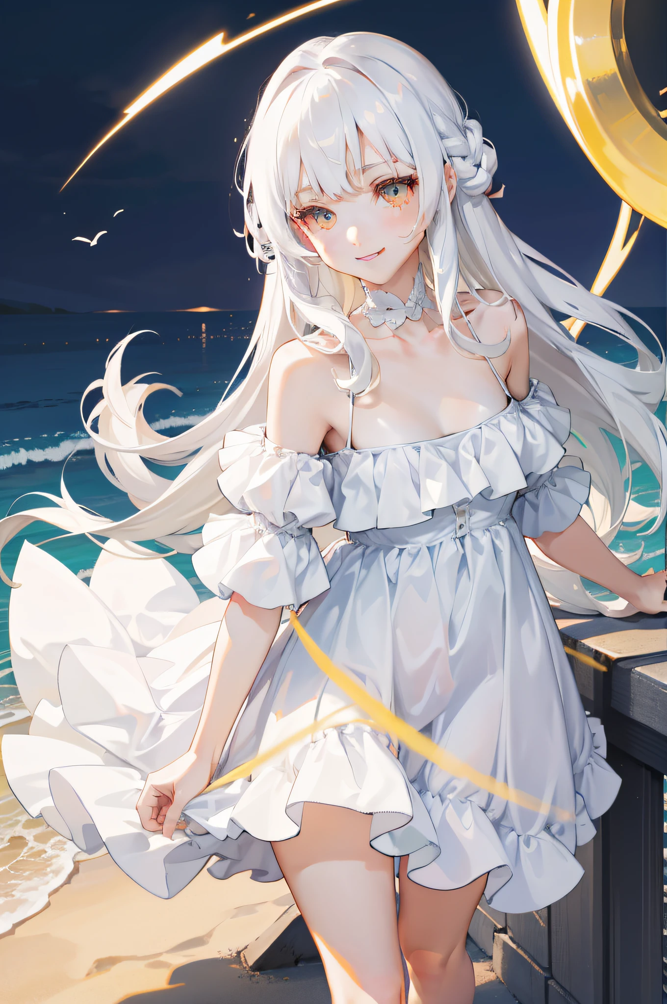 Beautiful art, 1Portrait, hight resolution, 1girll，Long white wavy hair，white airy off-the-shoulder dress, open shoulders, bare shoulders, Half-turn girl, Girl Smiling 1.5, White dresses，amber eyes，Upper torso，Portrait Of Girl, white colored hair， illuminating，hight resolution，8K，higly detailed