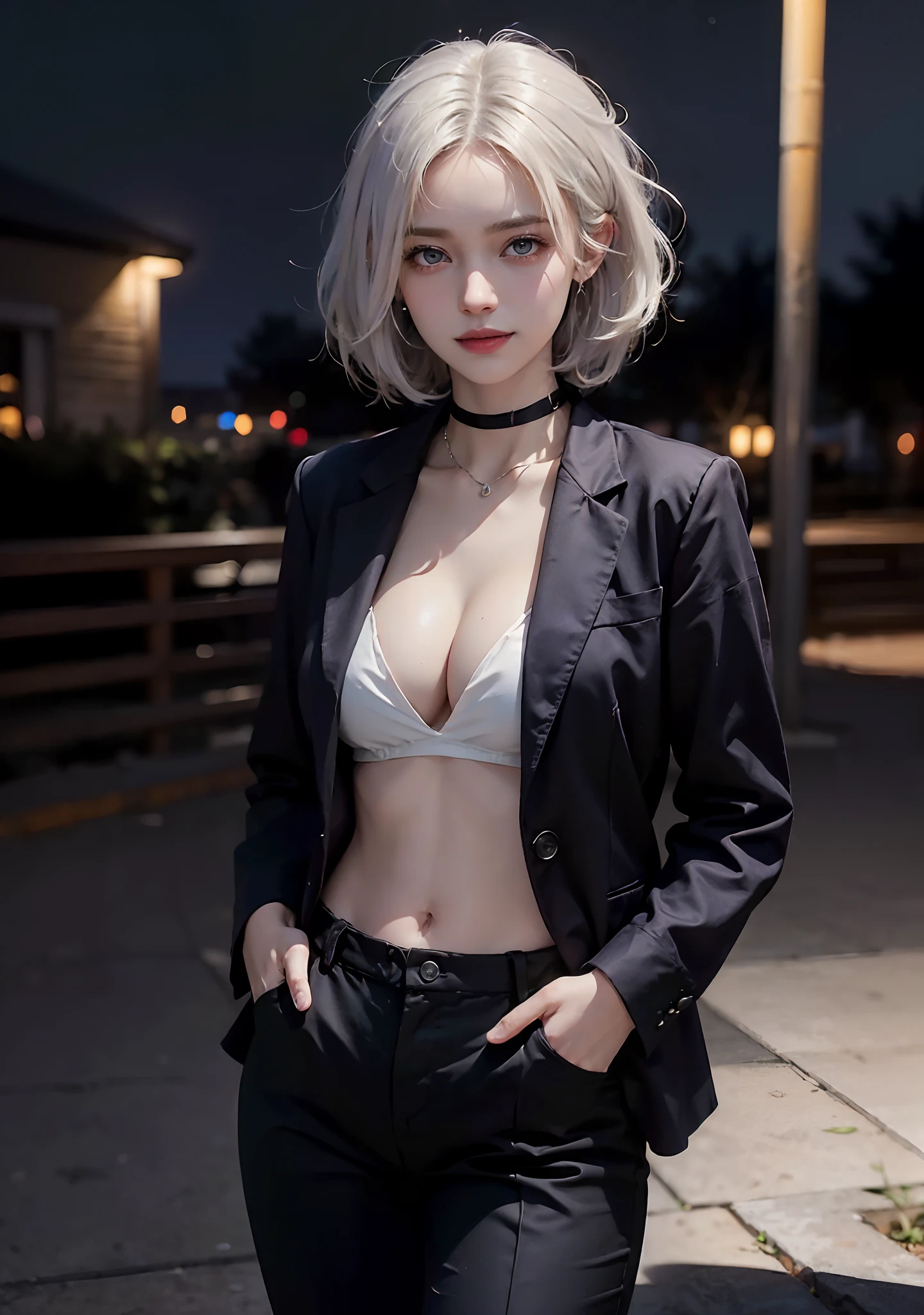 (masterpiece, best quality:1.2), cowboy shot, solo, 1girl, realistic white hair, short wavy hair, purple eyes, average breasts, slender body, light smile, looking at viewer, hands in pockets, dark business suit, deep cleavage, midriff, navel, (braless), black pants, choker, office, night light, night time