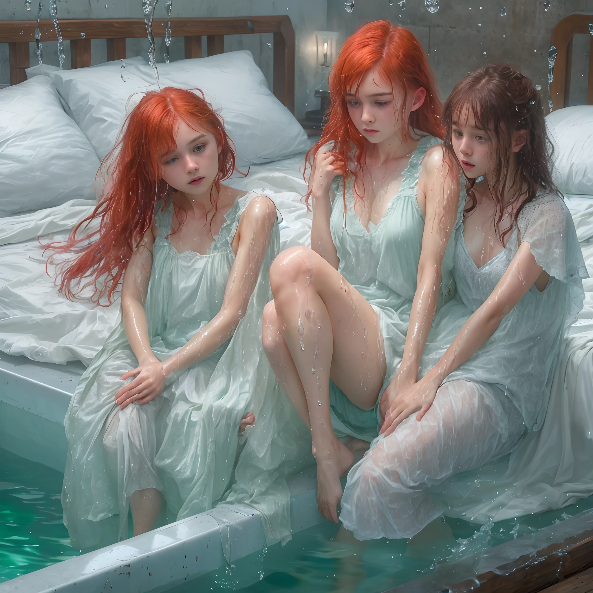 8K, Ultra Detail, Ultra Realistic, HDR, 3 girls, Full body shot, , Child figurell, cute, Squatting, Exhibitionism, Thin legs, Thrusting waist, in bed, bedsheets, Thin, redhead, wet skin, shiny white skin, water all over the body, a large amount of water coming from the crotch, chest and face, wet, very long nightgown, pool, wet spots, wet underwear