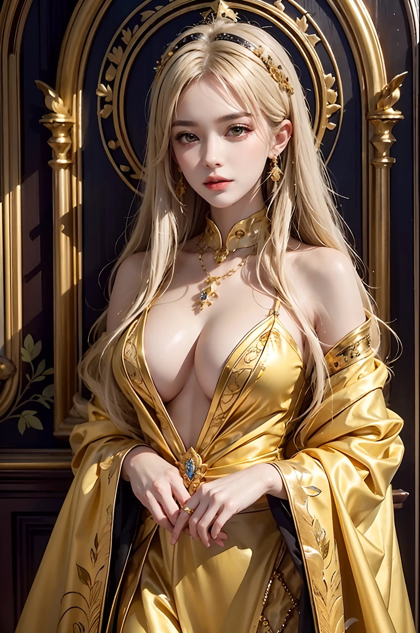 ultra detailed 8k cg,intricate detail,delicate patern,jewelry,gem,gold,golden,gold theme,shiny,glint,sparkle,blonde hair,yellow cloak,yellow eyes,rich,prestige,gothic architecture,(topless:1.1),