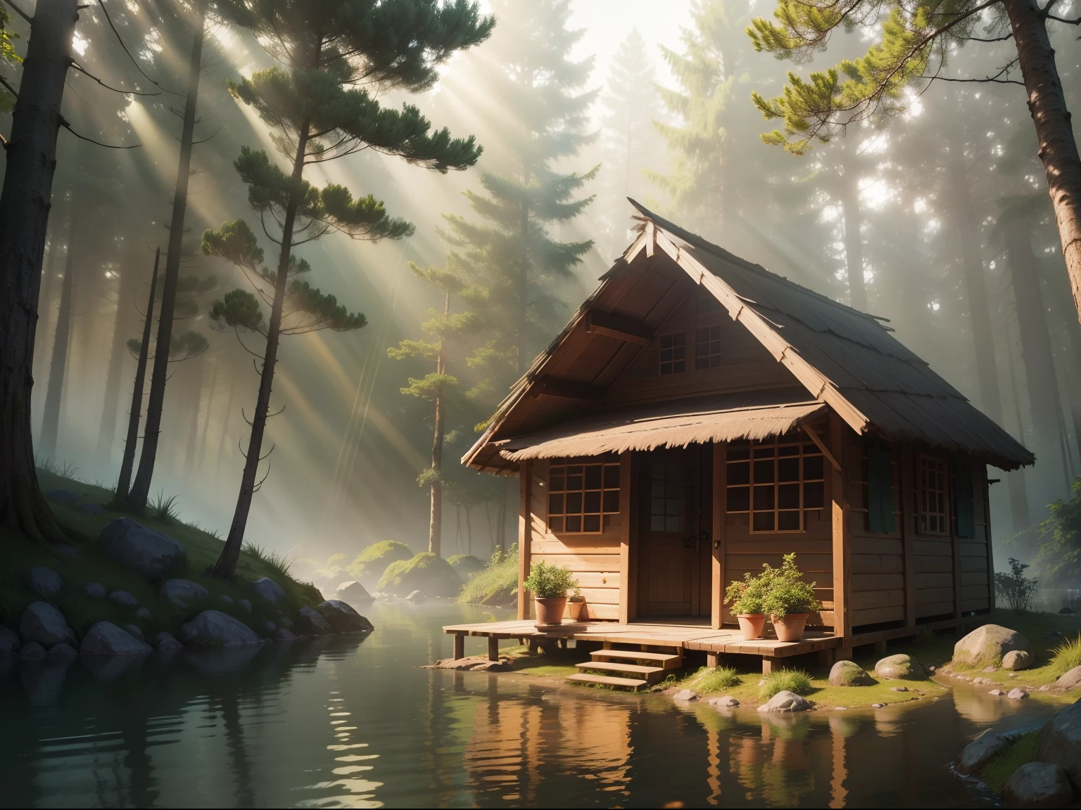 Small hut middle of a forest,drowning sun rays,realistic,Ultra HD Quality