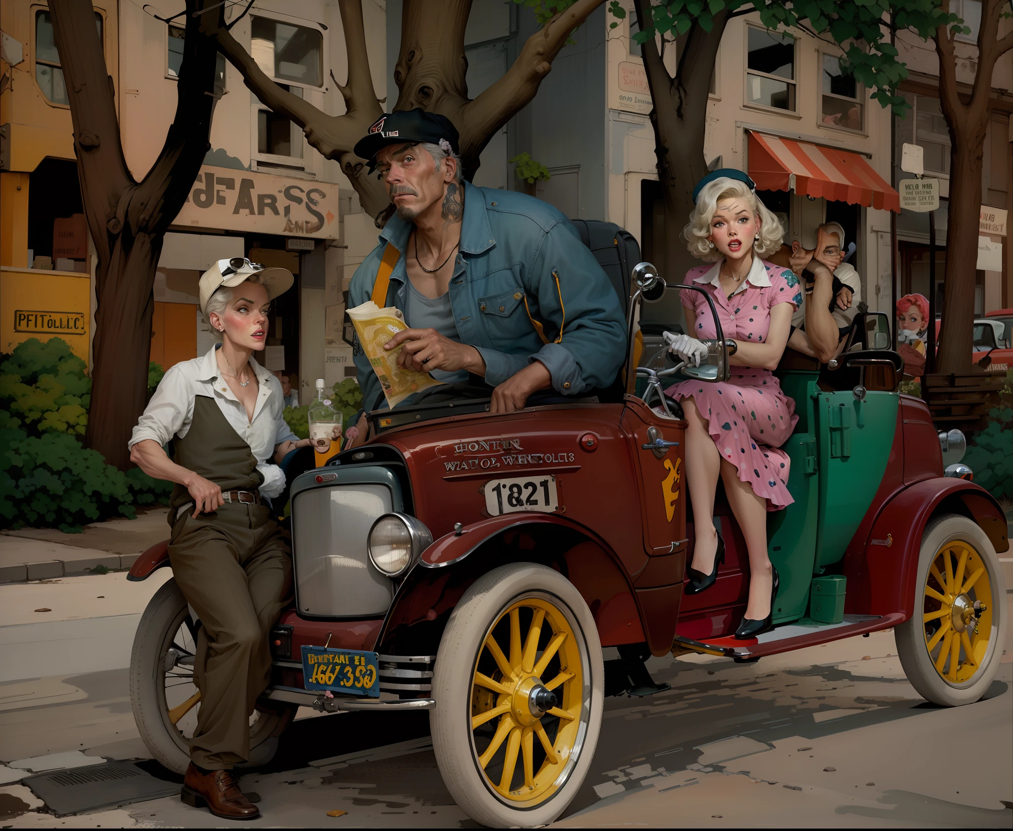 there is a man and woman sitting in a car with a dog, colorized background, colourized, colorized photo, by Art Fitzpatrick, colorized, inspired by Austin Briggs, ( art fitzpatrick ), digitally colored, norman rockwell style, inspired by Henry Justice Ford, in style of norman rockwell, inspired by John French Sloan, full color illustration, a colorized photo