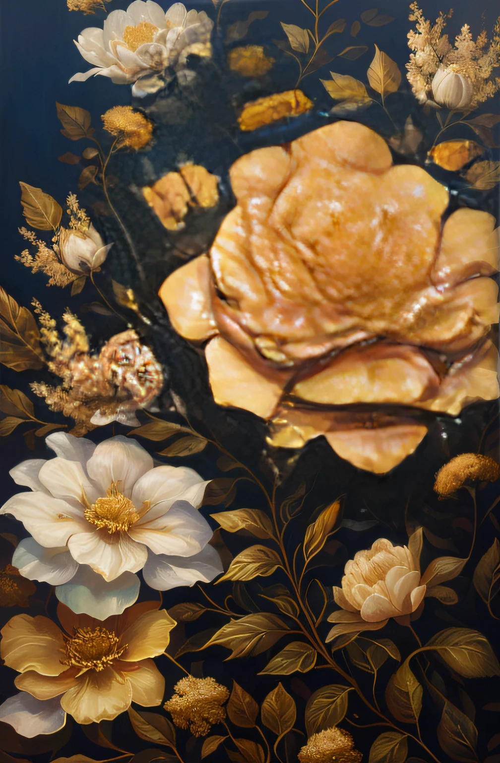 There is a painting with only flowers,There are a lot of flowers on it, golden flowers, gold flowers, flowers and gold, A beautiful artwork illustration, detailed flowers, digital painting highly detailed,ornate flowers, ornate floral