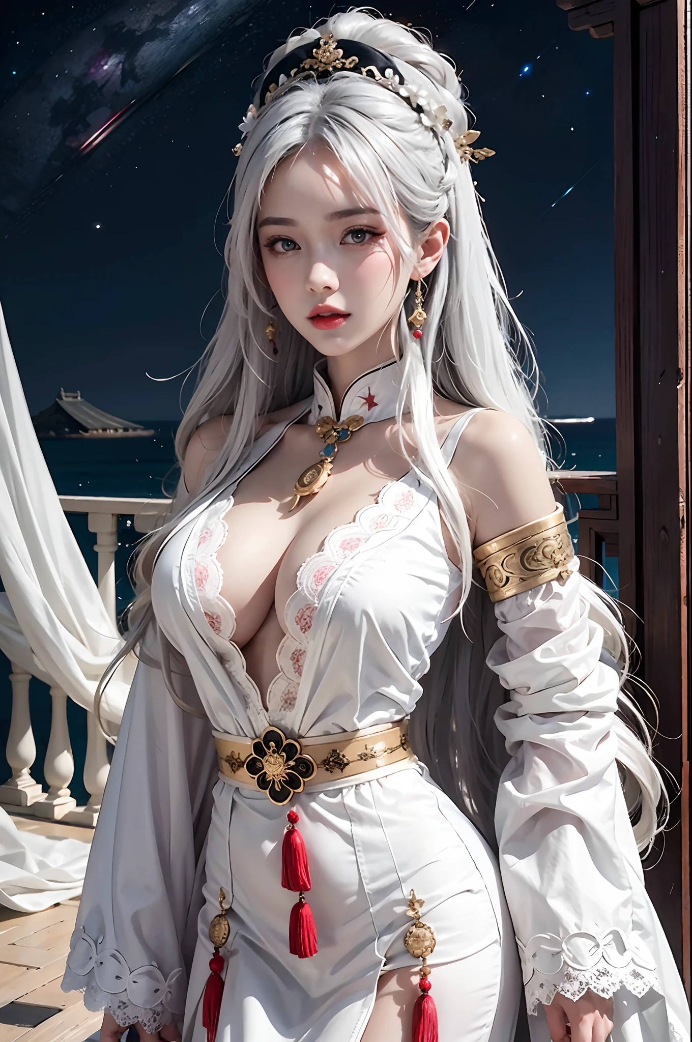 Portrait of a young 20-year-old saint, a saint with a beautiful and super cute face, white hair,wearing a very thin and sexy ao dai, beautiful cute face, Ao dai with a deep slit in the chest and attractive black and white lace trim, beautiful face without blemishes, Lovely smile, ((7-color hair length:1.2)), big crown, hair brooch, hanfu dress, chinese ancient style, full body jewelry, forehead tattoo, The female saint's breasts are round and very full, breast augmentation, innocent face, The most beautiful and detailed light red lipstick, ((Thin plump lips:0.3)), delicate pink and white eyes (white and detailed) cinematic, light and dark, dramatic lighting, magical light, extremely detailed light, true color, super sharp, realistic, 8k quality, saints and magical space, the most detailed images, Solo, a saintess, ((looking directly at the saint's upper body:0.4)), ((smooth skin:0.5)), ((universe background:1.2)), (outdoor:0.8),
