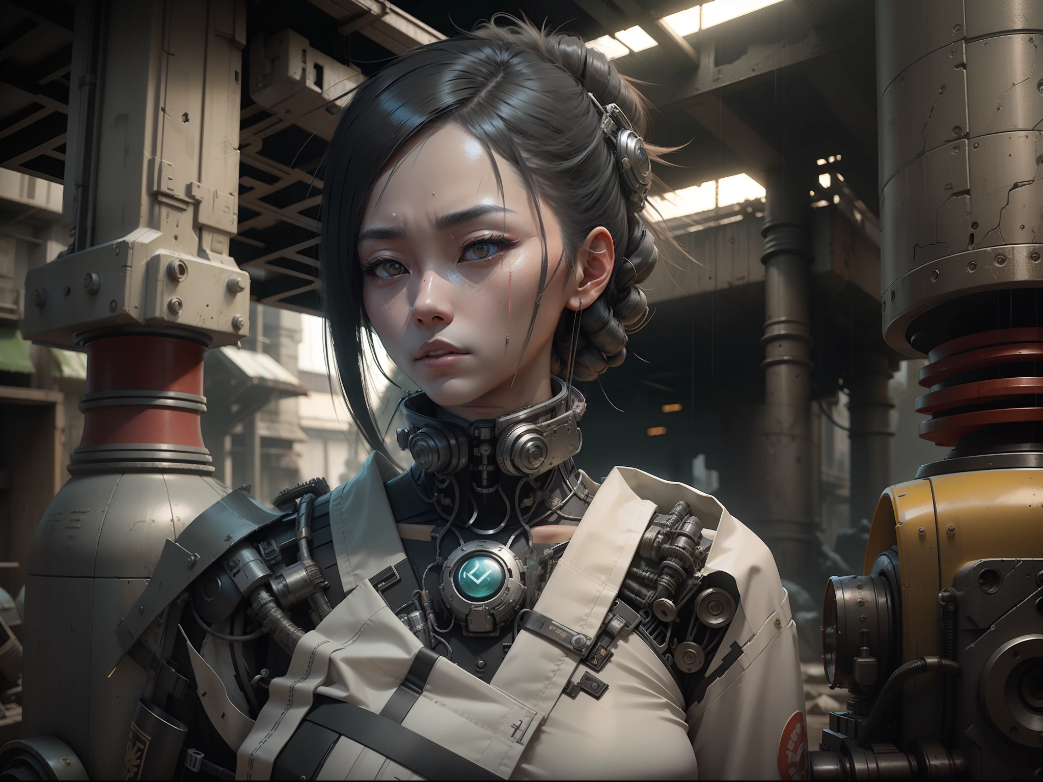 cybernetic japanese woman samurai in a ruined city with her mecha, night, neon, rain, mechanic parts, cyborg, grey, metal parts, mechanic arm, insane detail, 3d, nvidia raytracing, octane render, cinematic light, 8k