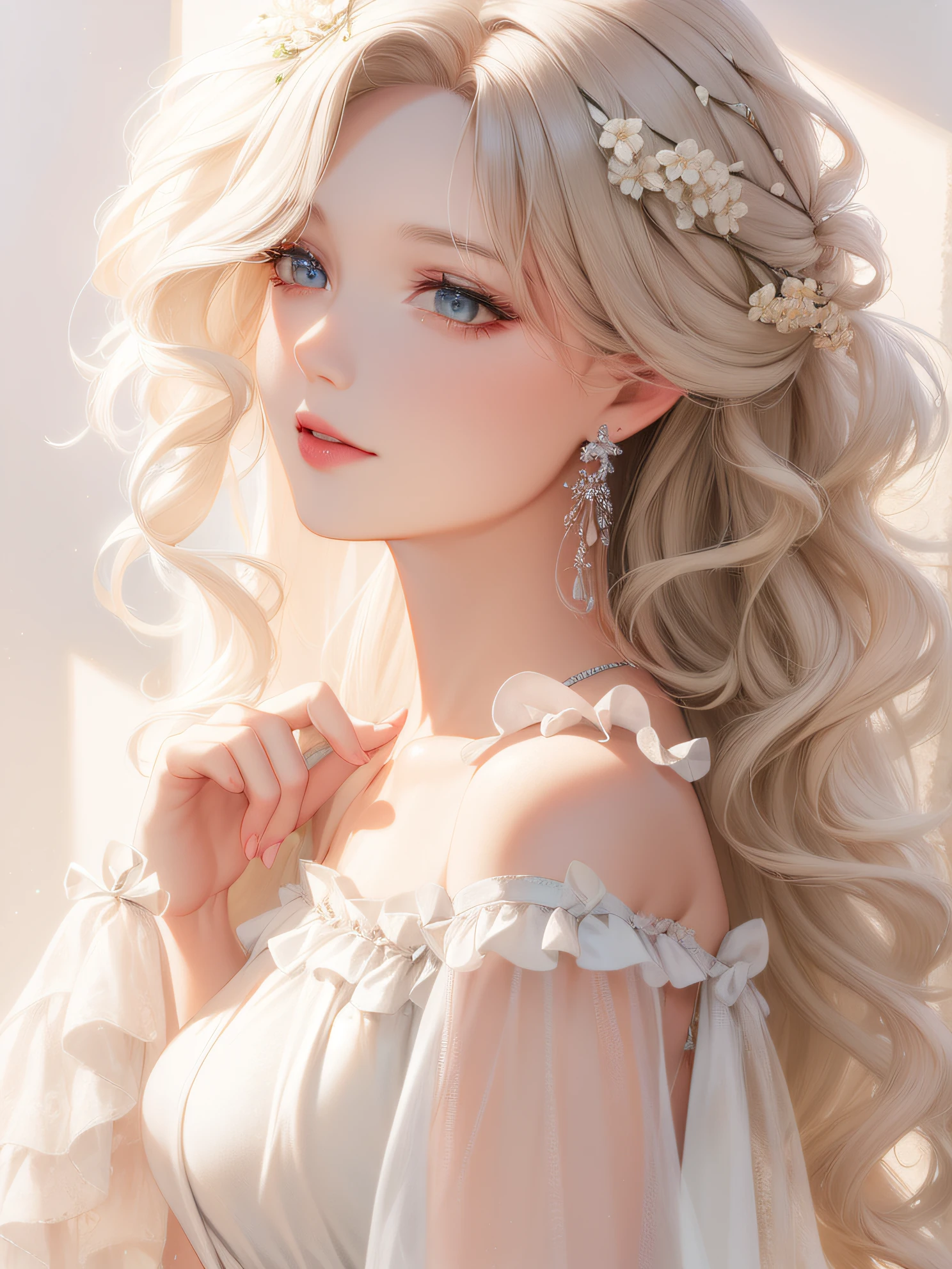 Beautiful art, 1Portrait, hight resolution, 1girll，Long white wavy hair，white airy off-the-shoulder dress, open shoulders, bare shoulders, Half-turn girl, Girl Smiling 1.5, White dresses，amber eyes，Upper torso，waist up portrait, Portrait Of Girl, white colored hair， illuminating，hight resolution，8K，higly detailed