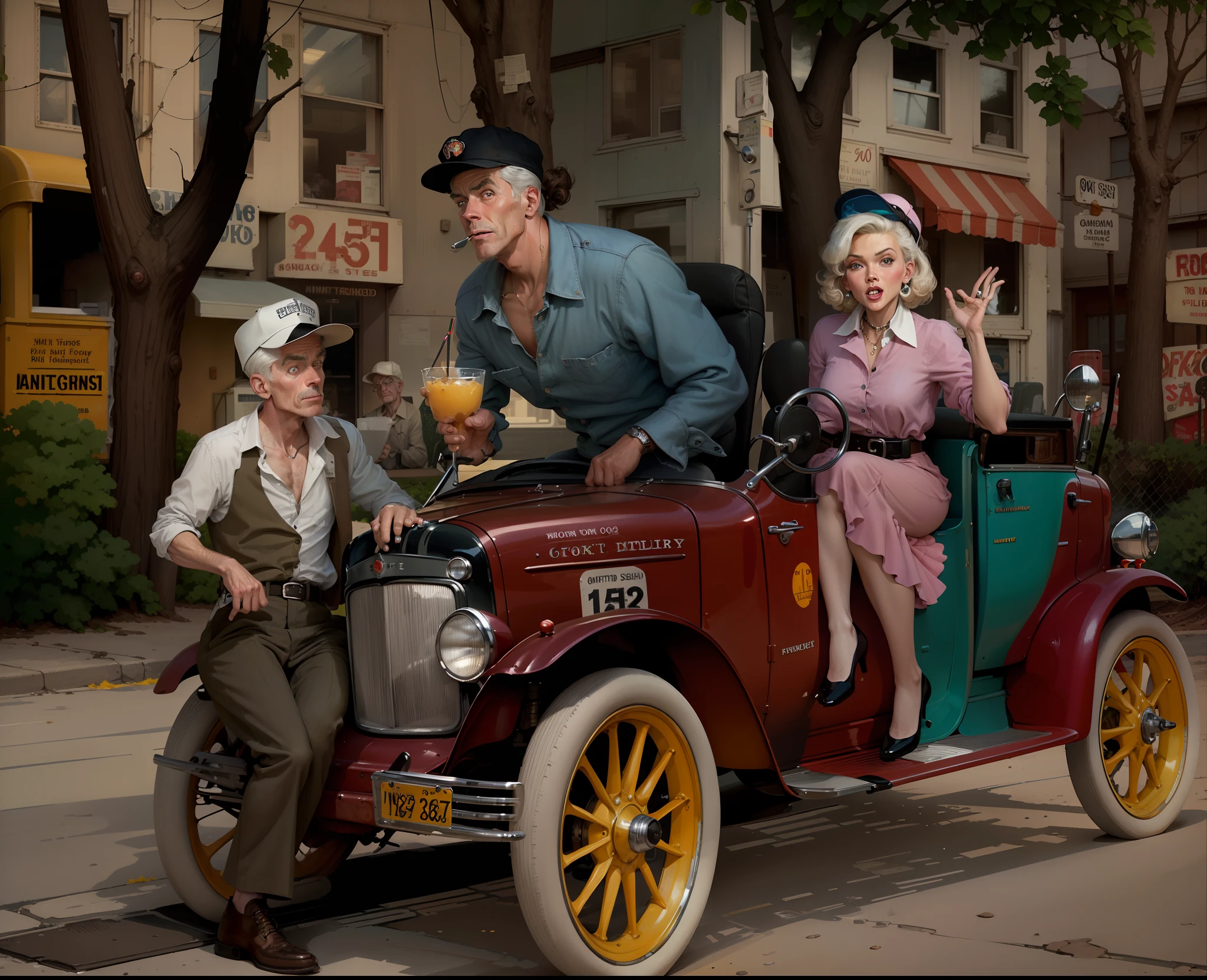 there is a man and woman sitting in a car with a dog, colorized background, colourized, colorized photo, by Art Fitzpatrick, colorized, inspired by Austin Briggs, ( art fitzpatrick ), digitally colored, norman rockwell style, inspired by Henry Justice Ford, in style of norman rockwell, inspired by John French Sloan, full color illustration, a colorized photo