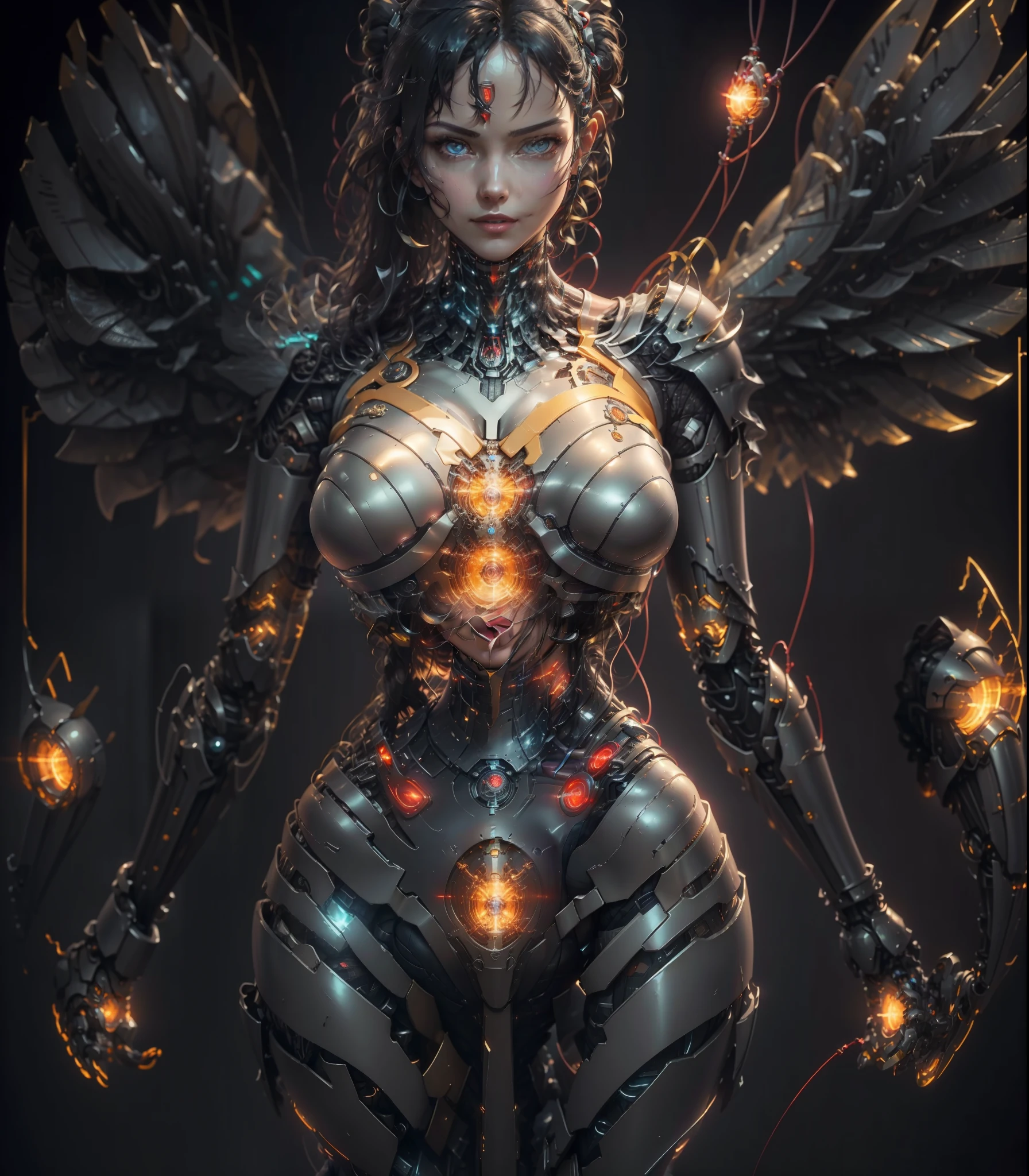 1 mechanical girl, batle alita angel | | |, ((super realistic details)), portrait, global illumination, shadows, octane rendering, 8k, super sharp, metal, complex, ornamental detailed, cool colors, egyptian details, highly complex details, realistic light, CGsociety trends, bright eyes, facing camera, Neon details, mechanical limbs, blood vessels attached to tubes, mechanical vertebrae attached to the back, mechanical cervical vertebrae attached to the neck, Full body, purple wires and cables attached to the head, (heel socks), (red blood), (golden yellow armor, silver white), (transparent bone), provocative sexy posture, bikini white, red