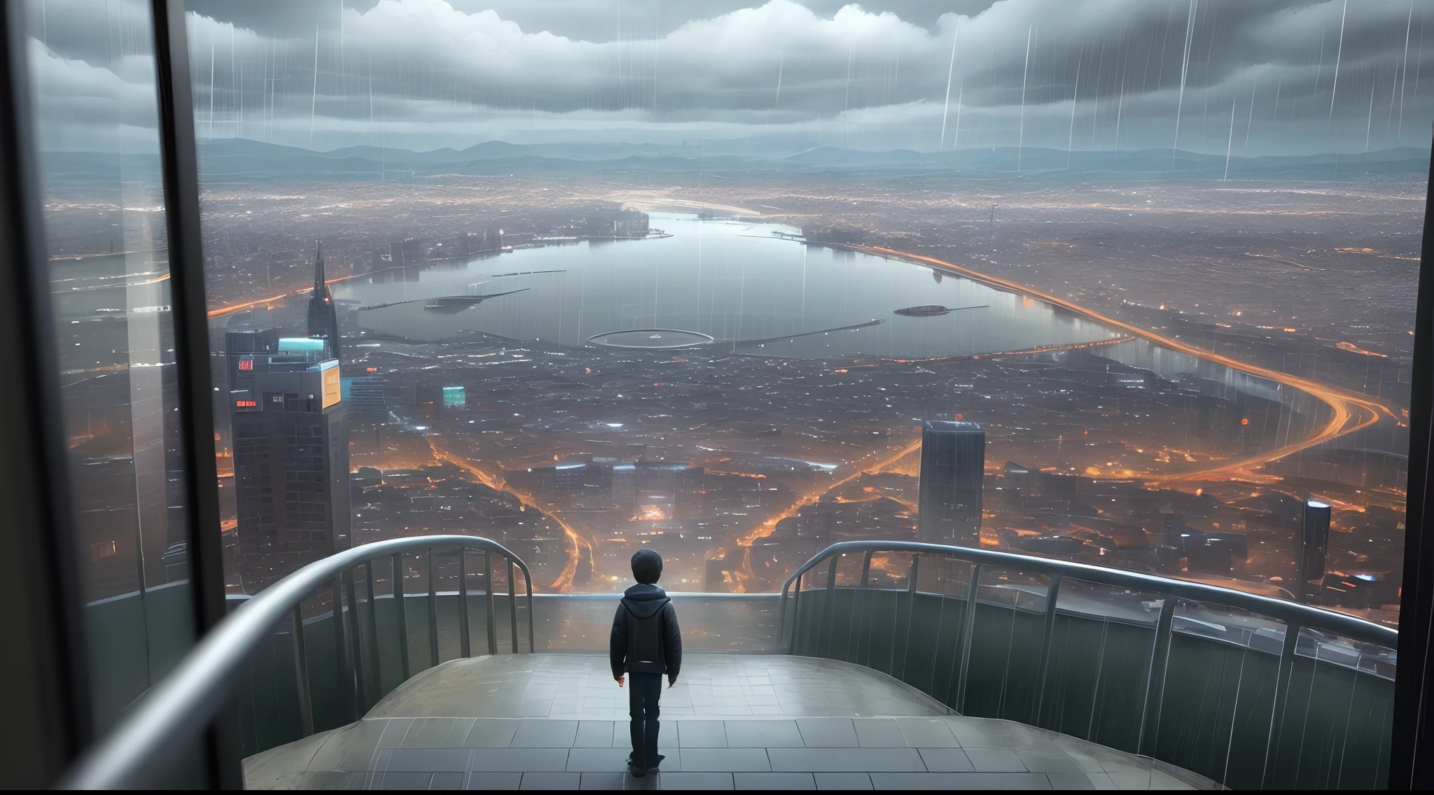 High resolution, ultra realistic, 8k , a boy , city view point, mirror road with rain