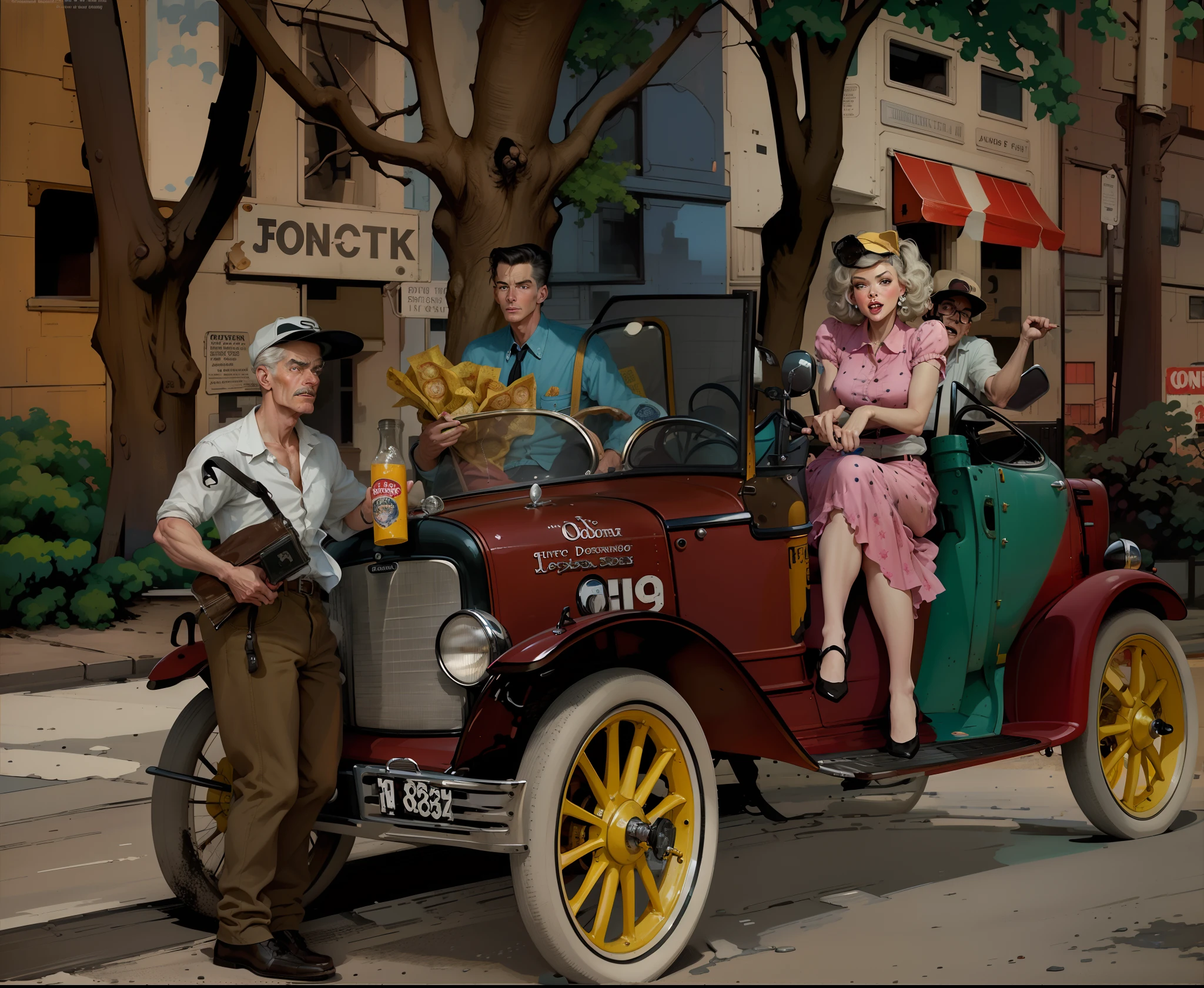 there is a man and woman sitting in a car with a dog, colorized background, colourized, colorized photo, by Art Fitzpatrick, colorized, inspired by Austin Briggs, ( art fitzpatrick ), digitally colored, norman rockwell style, inspired by Henry Justice Ford, in style of norman rockwell, inspired by John French Sloan, full color illustration, a colorized photo