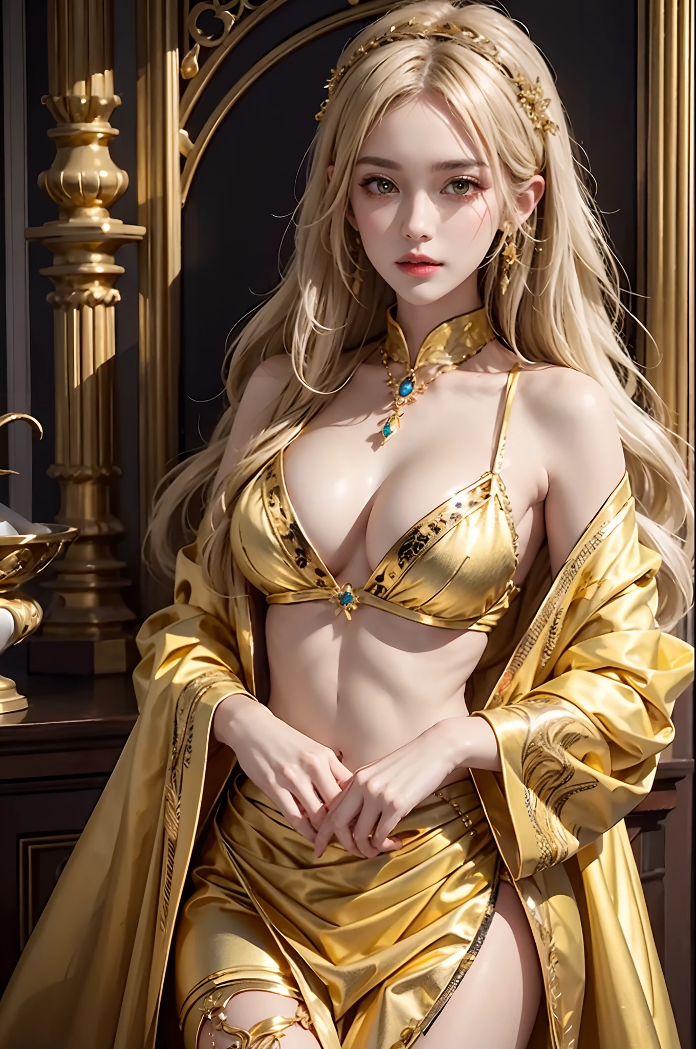 ultra detailed 8k cg,intricate detail,delicate patern,jewelry,gem,gold,golden,gold theme,shiny,glint,sparkle,blonde hair,yellow cloak,yellow eyes,rich,prestige,gothic architecture,(topless:1.1),