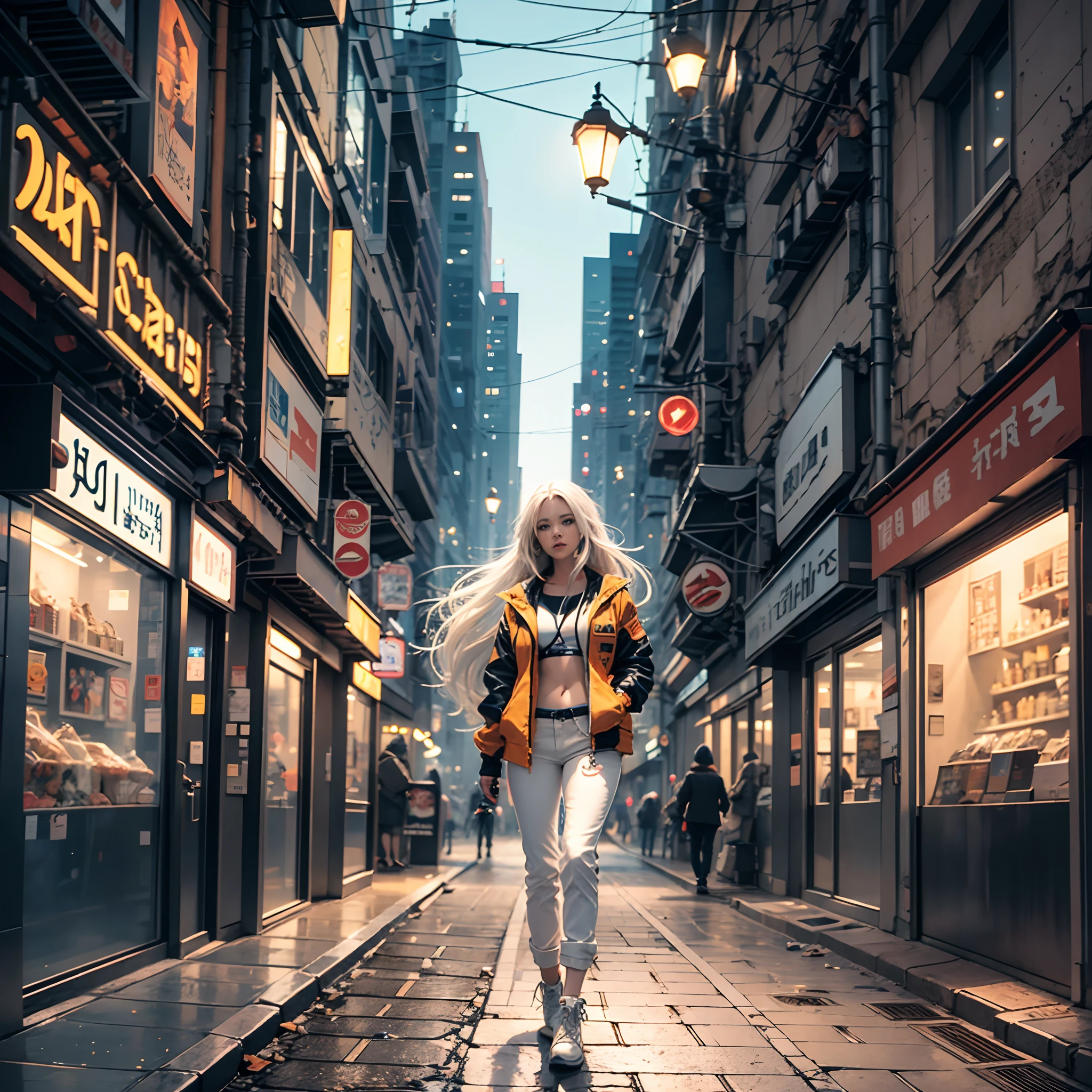 A girl with long white hair, blue eyes, wearing an orange jacket and white pants, walking in a manga-style cyberpunk town --auto --s2