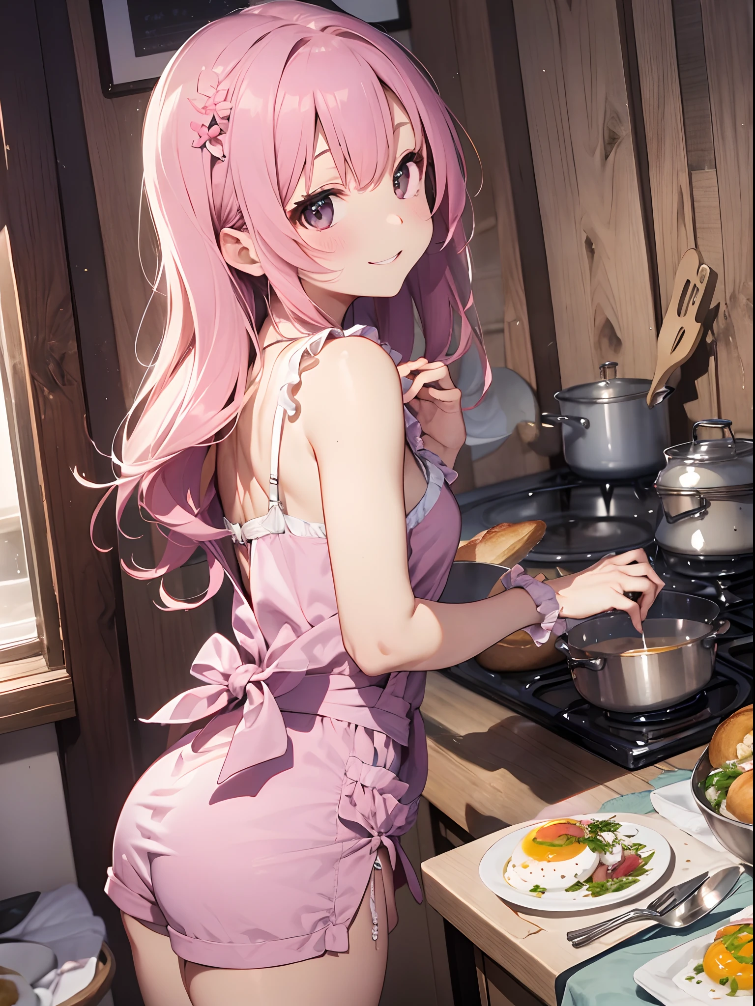 top-quality、masutepiece、8K、Pastel tones、A pink-haired、Very long hair、posterior view、Apron over camisole and shorts、The background is((kitchin:1.4)、Turned、Dynamic Styles、ssmile、Breakfast of bread with eggs and ham、In the middle of the meal