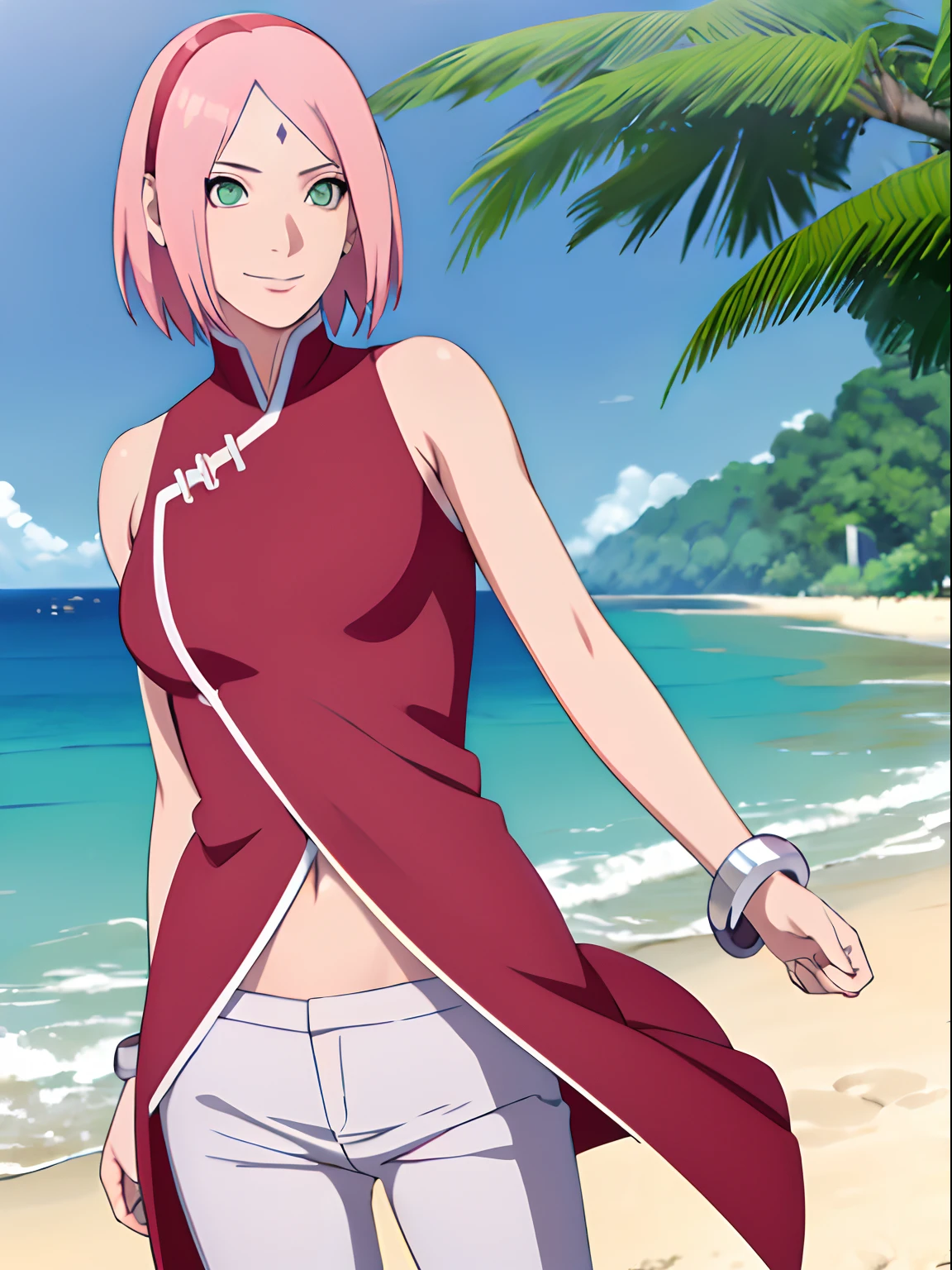 masterpiece, 1k, portrait, face shot, professional artwork, detailed beach background, intricate details, colorful, digital blending, (ultra detailed body, ultra detail hair, ultra detail face), trending on pixiv, kind smile, very hot color, best quality, anime style: 1.9, 1girl, hires, haruno sakura, contrasty lighting, (forehead mark, milf, red hairband, pale skin, short hair, ((red sleeveless dress), white pants), navel, groin, bracelet, looking at viewer, crossed arms, pink hair, green eyes, smile, beach, wind, floating hair, detailed arms, off-shoulders, slightly muscular arms, standing), sunnyday