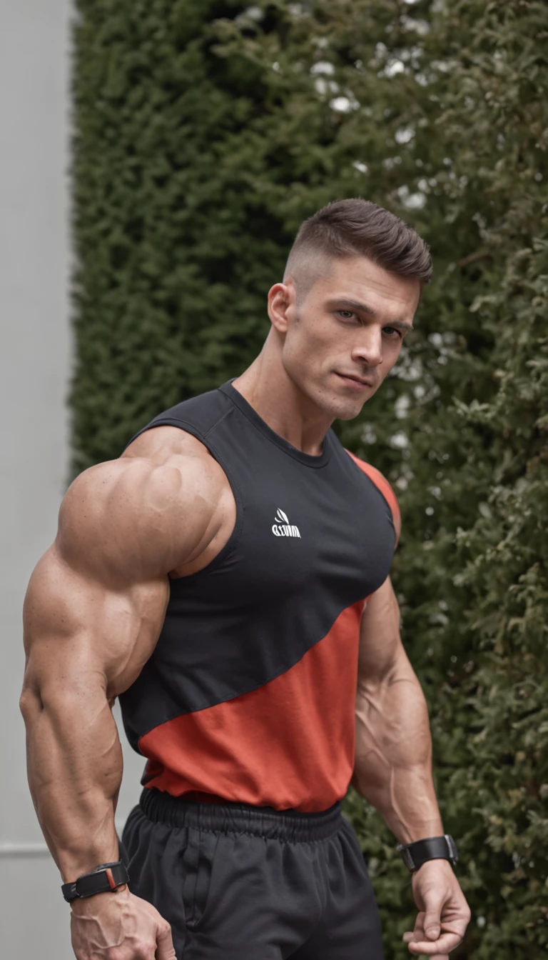 Diego Reis, Gymnastics wearing full vest , big muscle, altura 190 cm, ombro grande, big foot muscle, (detalhe do olho de gaveta), (realestic)
