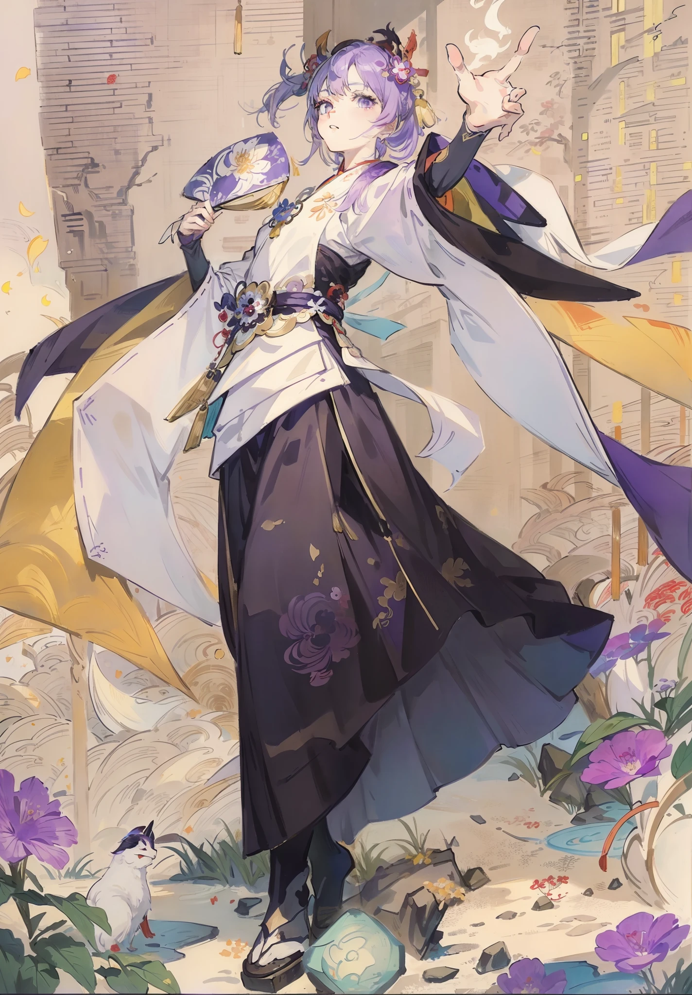 tmasterpiece,HighestQuali,(China-style),Anime girl in white and purple costume standing in garden, concept-art：Heroes,long white robe, pixiv contest winner, shin hanga, Onmyoji detailed art, zhongli from genshin impact, onmyoji,  heise jinyao, From Arknights, onmyoji portrait