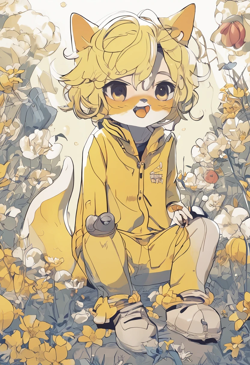 spheres,trpical garden, Adhesive bandage,short detailed hair, blond hairbl, ahoge, Bell pins,Earphone,lowerbody,Gamine,hairy pubic,The cat ears open its mouth,clouds,daysies,Skysky,suns, in summer,No spots,Cubs,Yellow hairs everywhere,Yellow fur everywhere,Cat ears, Cat type,Big fluffy tail,tmasterpiece,High-quality portraits,human - shaped,Cubs,sbeard, Solitary child boy,ventania,posing on a,full-shot, Sky blue coat,grey shorts,Yellow scarf,White color blouse,Super cute face