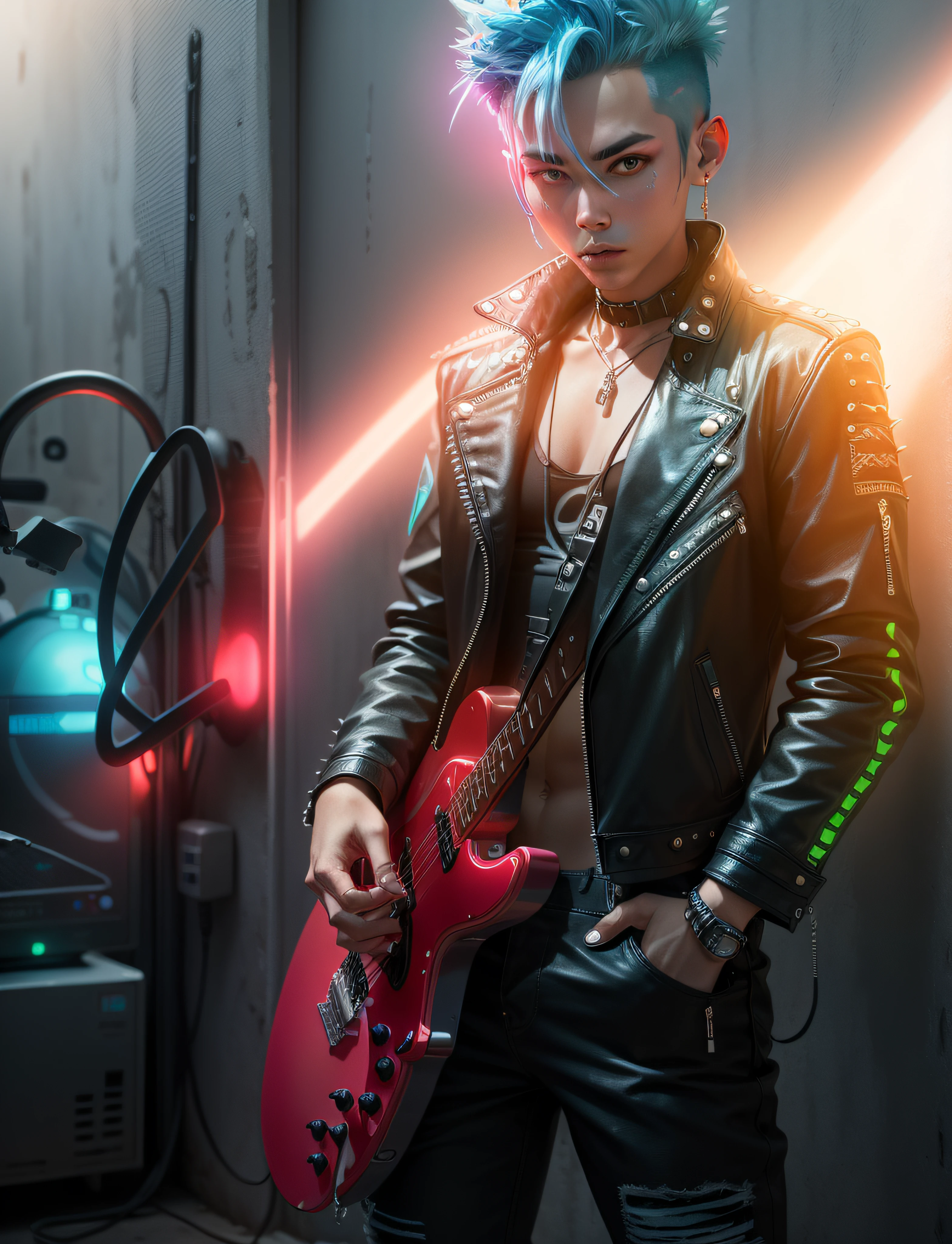 A ((neon)) blue alien punk with spiky hair and a leather jacket, holding a electric guitar in one hand -- in the style of BlueAP, realistic, isoMix_v211