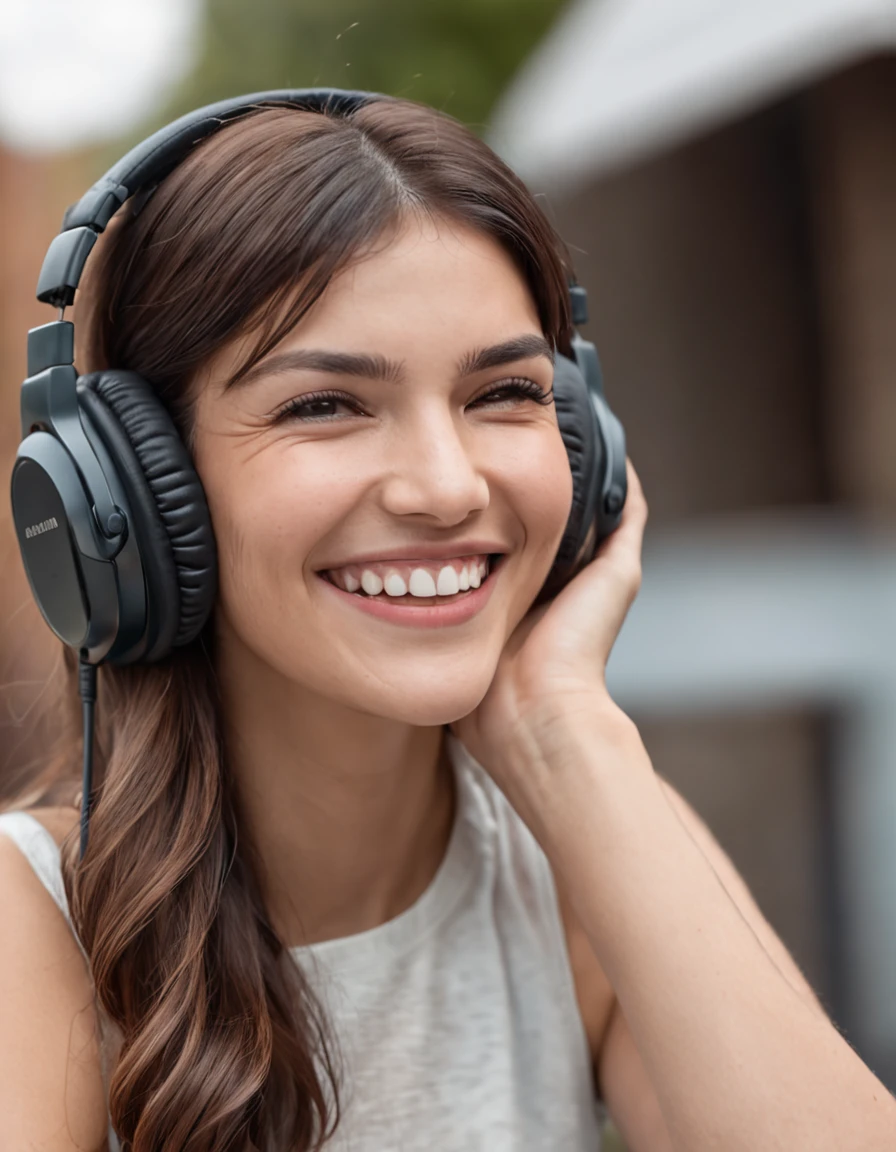 smiling woman with headphones on sitting in front of microphone, an album cover inspired by Glòria Muñoz, trending on reddit, realism, mia khalifa, she expressing joy, she is smiling and excited, with head phones, she is smiling and happy, with a happy expression, alanis guillen, with headphones, she is smiling, cute slightly nerdy smile