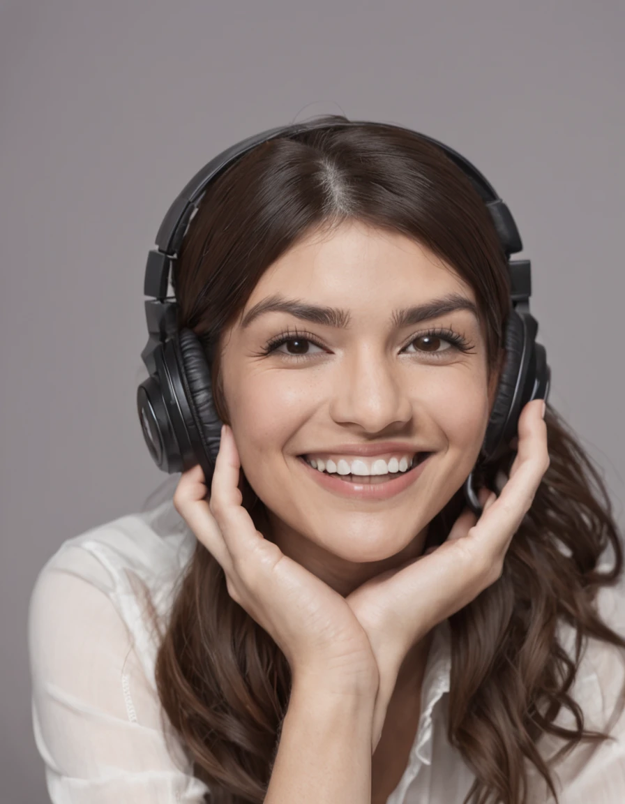 smiling woman with headphones on sitting in front of microphone, an album cover inspired by Glòria Muñoz, trending on reddit, realism, mia khalifa, she expressing joy, she is smiling and excited, with head phones, she is smiling and happy, with a happy expression, alanis guillen, with headphones, she is smiling, cute slightly nerdy smile