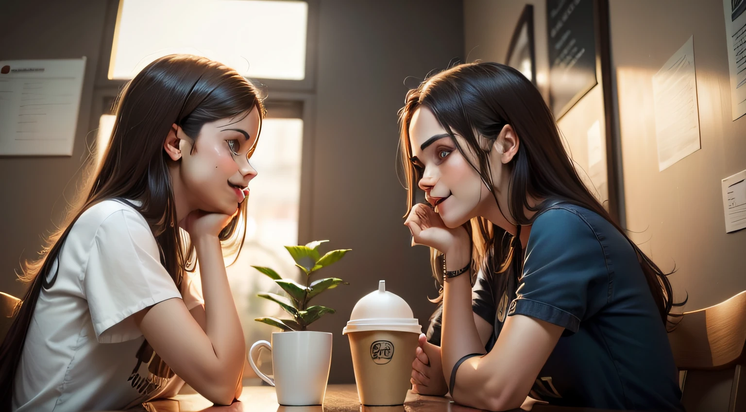 melhor qualidade,2pessoas,cara-a-cara,coffee shop,sentado, E obra-prima,melhor qualidade,2pessoas,cara-a-cara,coffee shop,sentado, sorrindo, conversando, homem e mulher