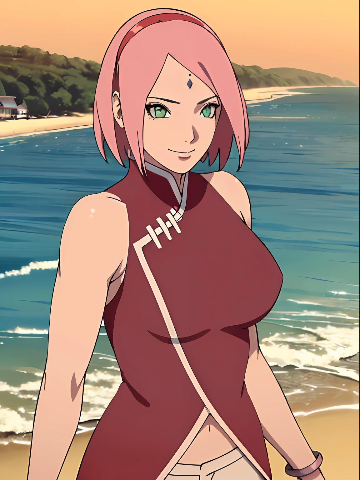 masterpiece, 4k, portrait, cowboy shot, (night), professional artwork, intricate details, colorful, digital blending, (ultra detailed body, ultra detail hair, ultra detail face), trending on pixiv, kind smile, best quality, anime style: 1.9, 1girl, hires, haruno sakura, (forehead mark, milf, red hairband, pale skin, (small breasts), short hair, ((red sleeveless dress,), white pants), ((navel, belly button), slender body, slender belly, bracelet, pink hair, open mouth, big eyes), smile, beach, wind, floating hair, detailed arms, off-shoulders, broad shoulders, ((both armpits , (both) hands spreading to both sides)), fancy couch, relaxing, laying, talking, looking at the viewer, ((showing both armpits, awesome armpits)))