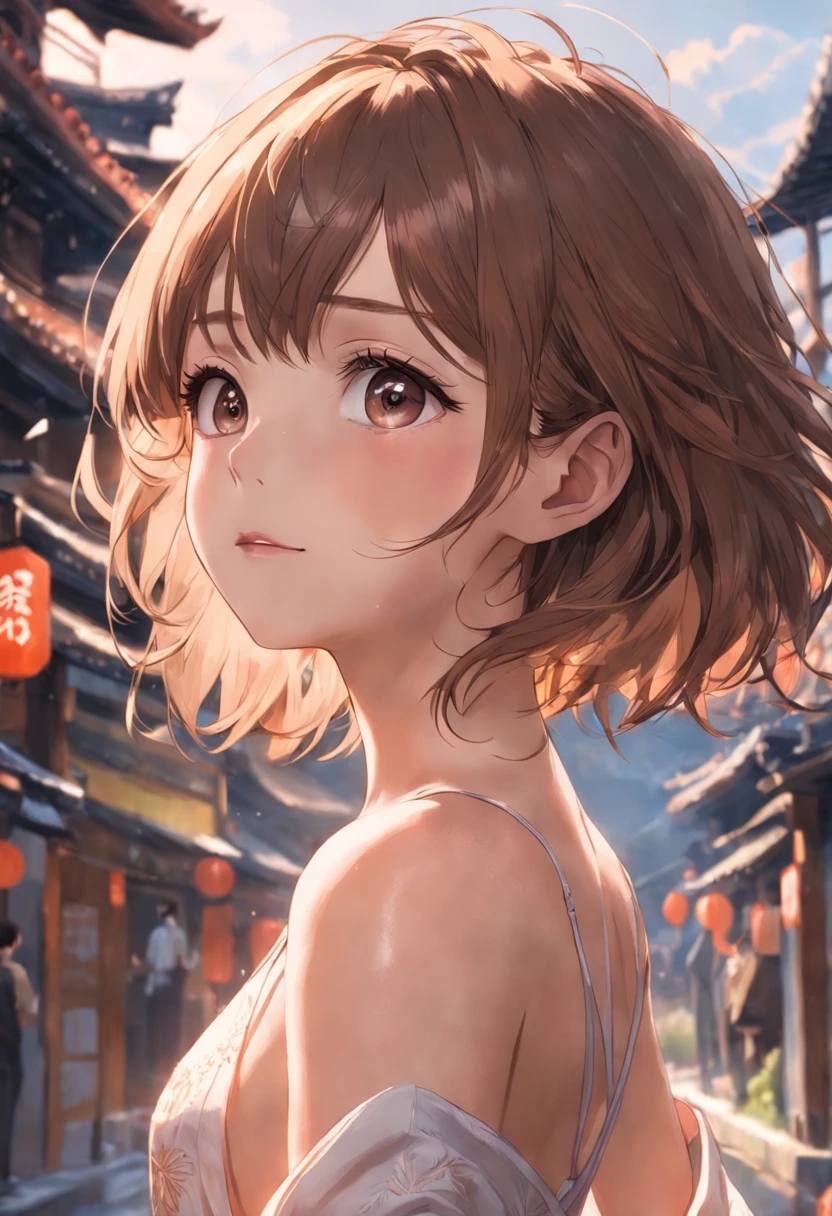 (Raw photo, Best Quality), (Realistic, Photorealsitic:1.3), masutepiece, Extremely delicate and beautiful, Soft light, (Brown hair, Short hair swaying in the wind, Bangs), Beautiful detailed girl, (Detailed fingers), extremely detailed eye and face, beautiful detailed nose, Beautiful detailed eyes, 1 girl, Japanese, Neat and clean beauty, Cute, 年轻, Smile, dress shirts, Pants, (Half body:1.3), (medium breasts), Realistic face, Realistic body, Outdoors