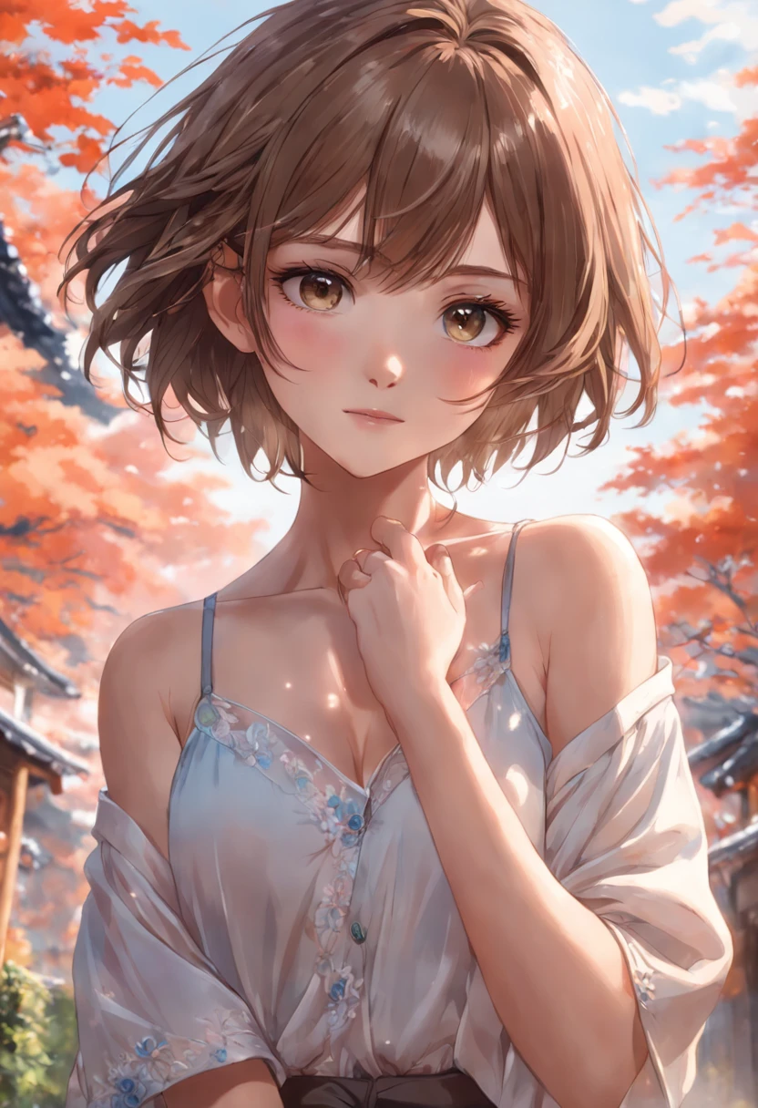 (Raw photo, Best Quality), (Realistic, Photorealsitic:1.3), masutepiece, Extremely delicate and beautiful, Soft light, (Brown hair, Short hair swaying in the wind, Bangs), Beautiful detailed girl, (Detailed fingers), extremely detailed eye and face, beautiful detailed nose, Beautiful detailed eyes, 1 girl, Japanese, Neat and clean beauty, Cute, 年轻, Smile, dress shirts, Pants, (Half body:1.3), (medium breasts), Realistic face, Realistic body, Outdoors