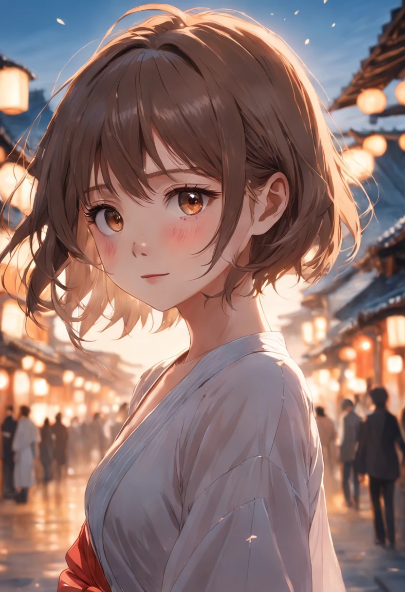 (Raw photo, Best Quality), (Realistic, Photorealsitic:1.3), masutepiece, Extremely delicate and beautiful, Soft light, (Brown hair, Short hair swaying in the wind, Bangs), Beautiful detailed girl, (Detailed fingers), extremely detailed eye and face, beautiful detailed nose, Beautiful detailed eyes, 1 girl, Japanese, Neat and clean beauty, Cute, 年轻, Smile, dress shirts, Pants, (Half body:1.3), (medium breasts), Realistic face, Realistic body, Outdoors
