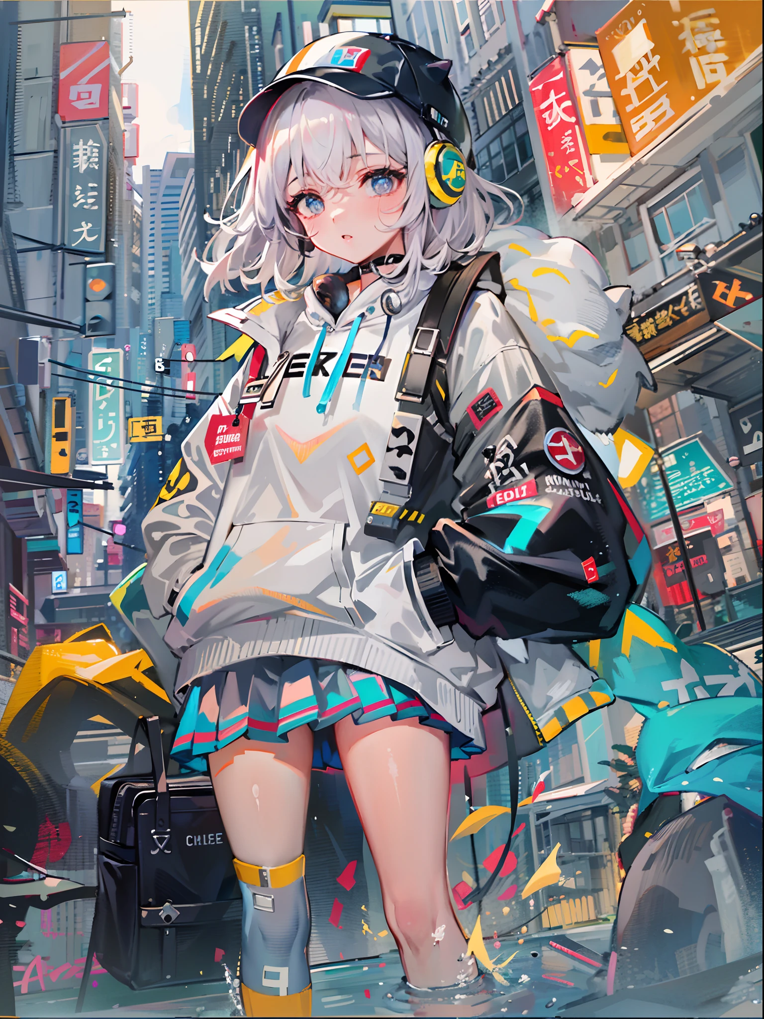 8K分辨率、((top-quality))、((masterpiece))、((ultra-detailliert))、1 woman、独奏、incredibly absurdness、Oversized hoodies、headphones、Street、plein air、Sateen、neons、Shortcut Hair、Brightly colored eyes、Hands in pockets、a miniskirt、water dripping