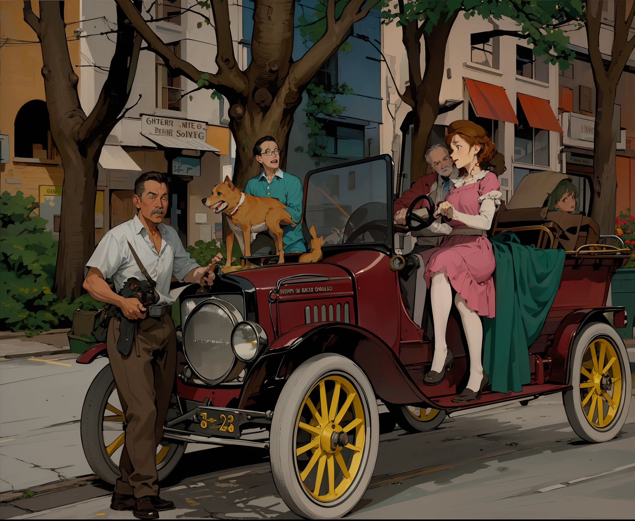 there is a man and woman sitting in a car with a dog, colorized background, colourized, colorized photo, by Art Fitzpatrick, colorized, inspired by Austin Briggs, ( art fitzpatrick ), digitally colored, norman rockwell style, inspired by Henry Justice Ford, in style of norman rockwell, inspired by John French Sloan, full color illustration, a colorized photo