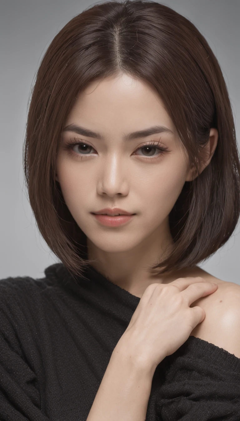 whiteroom, 1 person, Japanese woman, look at the camera, smile, H~I cup, model's expression, big eyes, double eyelids, high nose bridge, small mouth, thin lips, smooth fair skin, high cheekbones, symmetrical face, natural eyebrows, gentle smile, shiny black hair, straight hair, soft facial expression, well-defined jawline, Tank top, Shiny skin, Sweaty body, Dramatic lighting, Huge breath, (8K, 4K, Best Quality, High Definition, Ultra High Definition: 1.1), (Masterpiece, Realistic, Photorealistic: 1.1), #tarasuzuka24