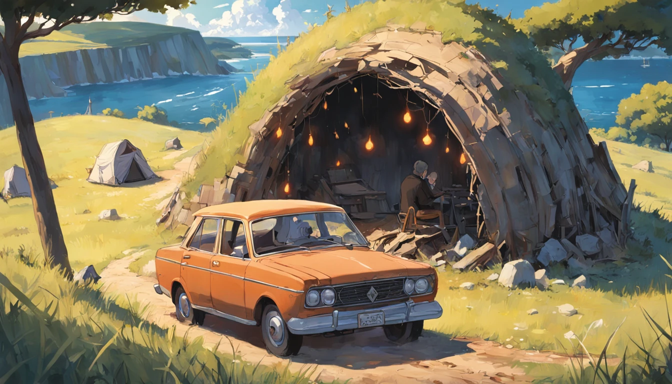Create a compelling tale that revolves around an old model car parked amid the rolling hills, with a lone man setting up camp nearby. O Carro, intemperizado pelo tempo, Tips from past travel and adventure stories. Describe the man's actions as he unfolds a worn map, A crackling bonfire begins, and looks up at the starry sky. Tecer em detalhes sobre a paisagem circundante, o cheiro dos pinheiros, e os chamados distantes das criaturas noturnas. Convey a sense of nostalgia and introspection as man reflects on the past and finds solace in the simplicity of the present moment. Your story should transport readers to this remote hillside, allowing them to feel the connection between man, O carro antigo, e o serento deserto.