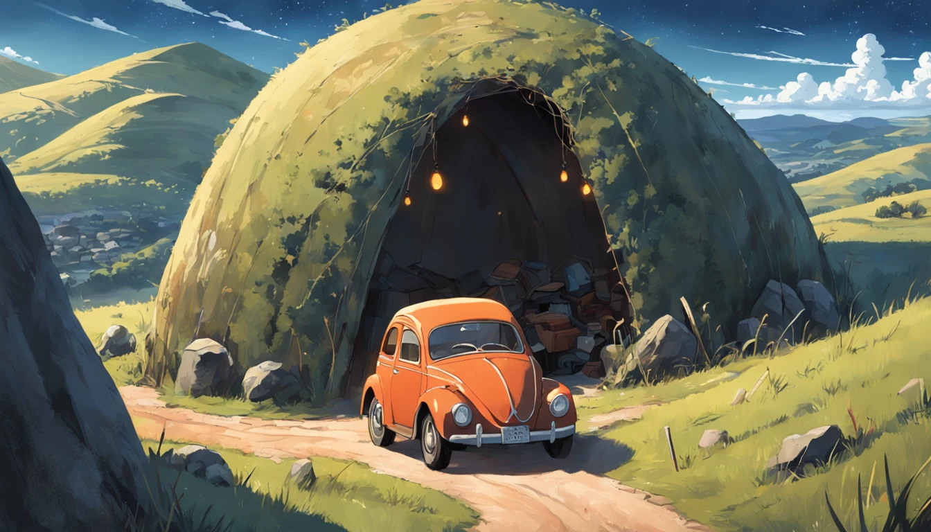 Create a compelling tale that revolves around an old model car parked amid the rolling hills, with a lone man setting up camp nearby. O Carro, intemperizado pelo tempo, Tips from past travel and adventure stories. Describe the man's actions as he unfolds a worn map, A crackling bonfire begins, and looks up at the starry sky. Tecer em detalhes sobre a paisagem circundante, o cheiro dos pinheiros, e os chamados distantes das criaturas noturnas. Convey a sense of nostalgia and introspection as man reflects on the past and finds solace in the simplicity of the present moment. Your story should transport readers to this remote hillside, allowing them to feel the connection between man, O carro antigo, e o serento deserto.