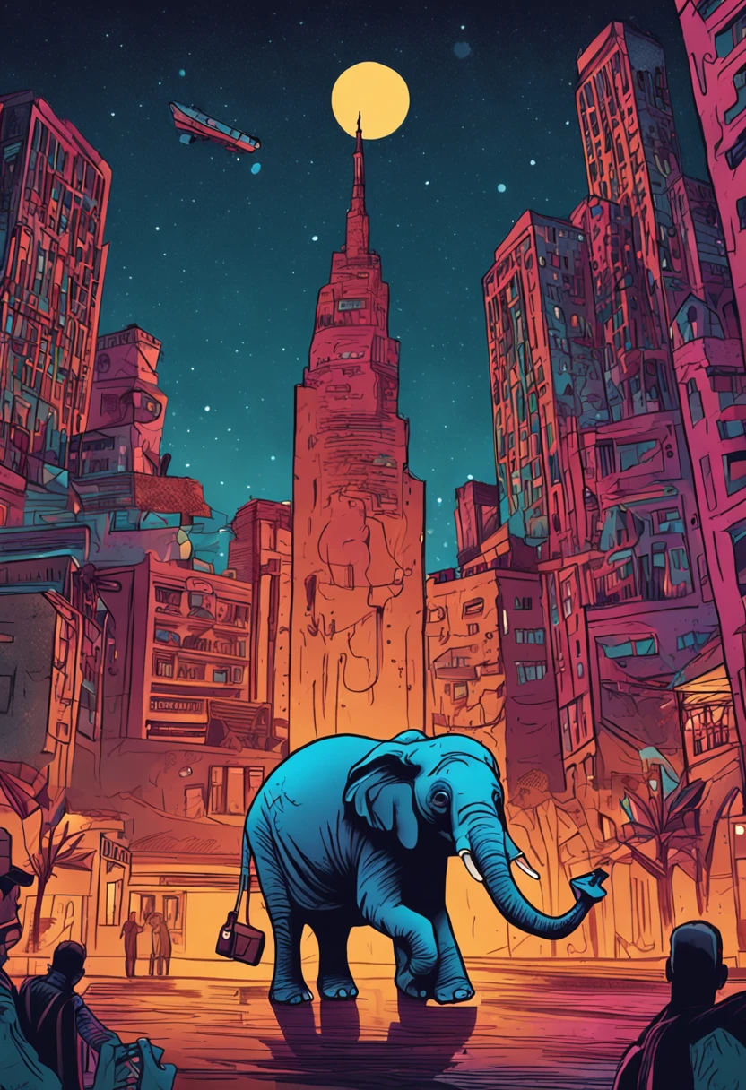 um elefantes com asa voando sobre uma cidade em uma noite sombria