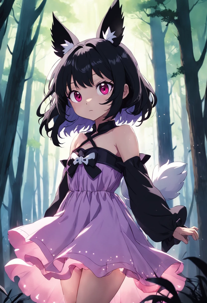 chica adolescente con un vestido de kuromi, con magia negra, en un bosque encantado, mejor calidad, most detail, obra maestra, 8k, detallado, trazado de rayos, profundidad de campo, cinematography lighting,