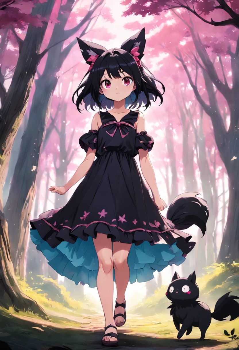 chica adolescente con un vestido de kuromi, con magia negra, en un bosque encantado, mejor calidad, most detail, obra maestra, 8k, detallado, trazado de rayos, profundidad de campo, cinematography lighting,