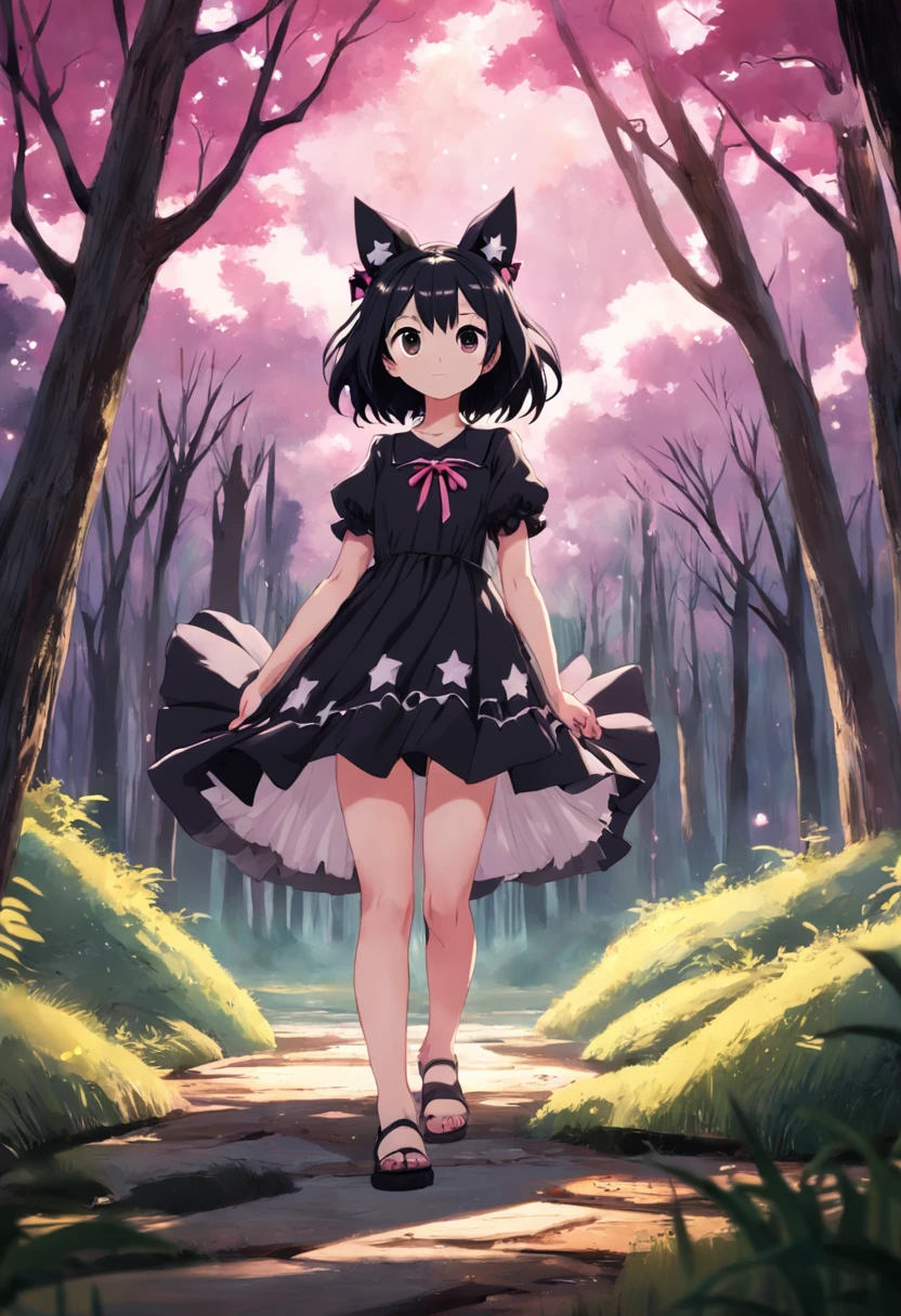 chica adolescente con un vestido de kuromi, con magia negra, en un bosque encantado, mejor calidad, most detail, obra maestra, 8k, detallado, trazado de rayos, profundidad de campo, cinematography lighting,