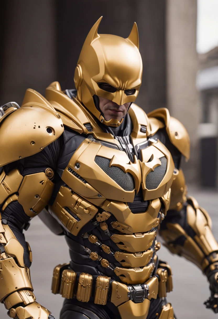 a Batman ultra detailed cybernetic armor yellow gold color. ::n_ desenho, Imperfection, baixa qualidade, boneco, jogo, anime, assinatura