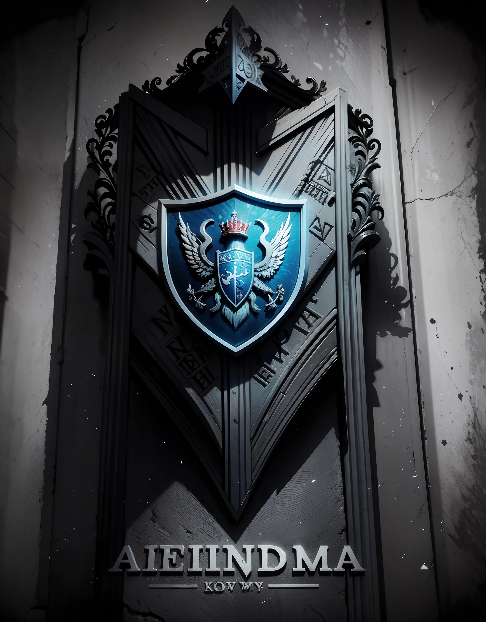 Draw a coat of arms on a tombstone with the writing: ENIMY DONW. realista, simbol,  Logo, para jogos e-Sport.